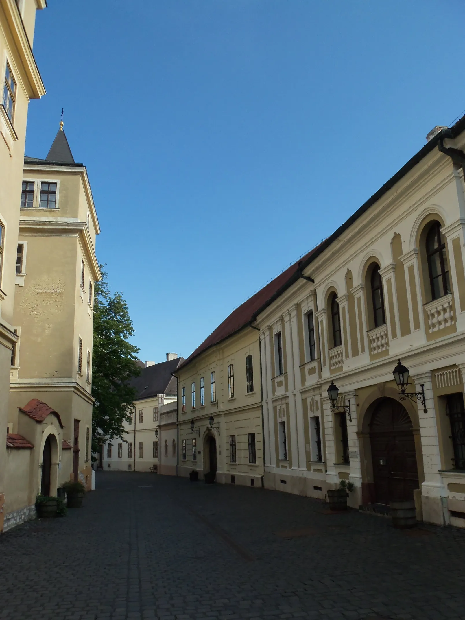 Photo showing: The end of Castle Street (Vár utca) in Veszprém, Hungary: the Körmendy house (now part of the University of Veszprém) and the Dravetz house on the right, the Big Seminary on the left