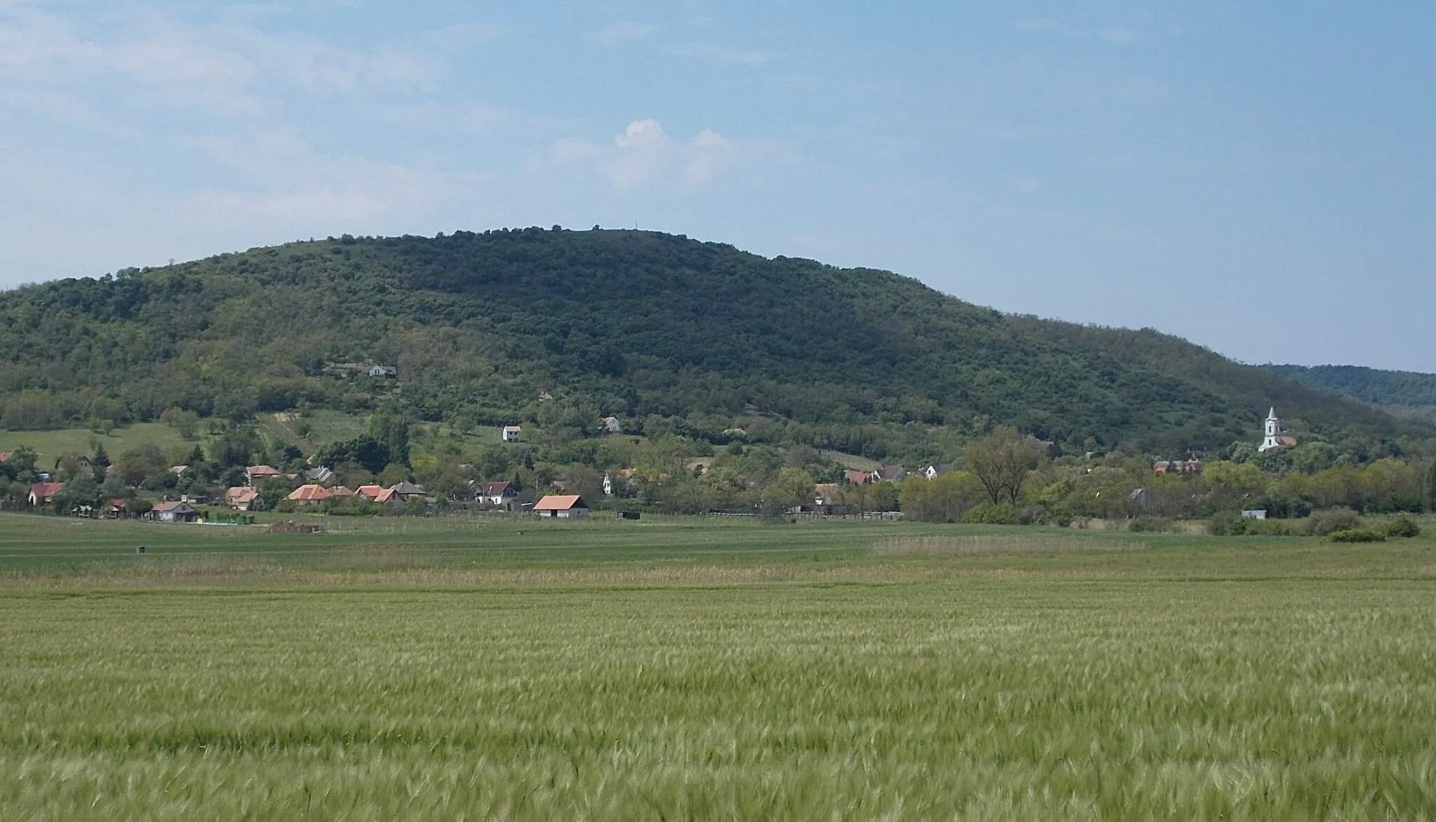 Photo showing: Mindszentkálla - a község látképe délkelet felől (a Köveskál-Gyulakeszi útról), háttérben a Kopasz-hegy (302 m)