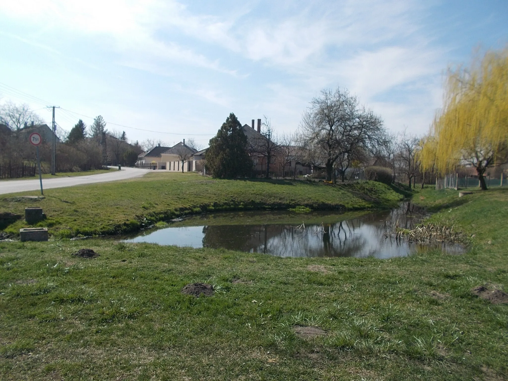 Photo showing: : József Attila street and a pond part of a canal of the Concó Stream. - Jászai Mari tér, Ászár, Komárom-Esztergom County, Hungary.