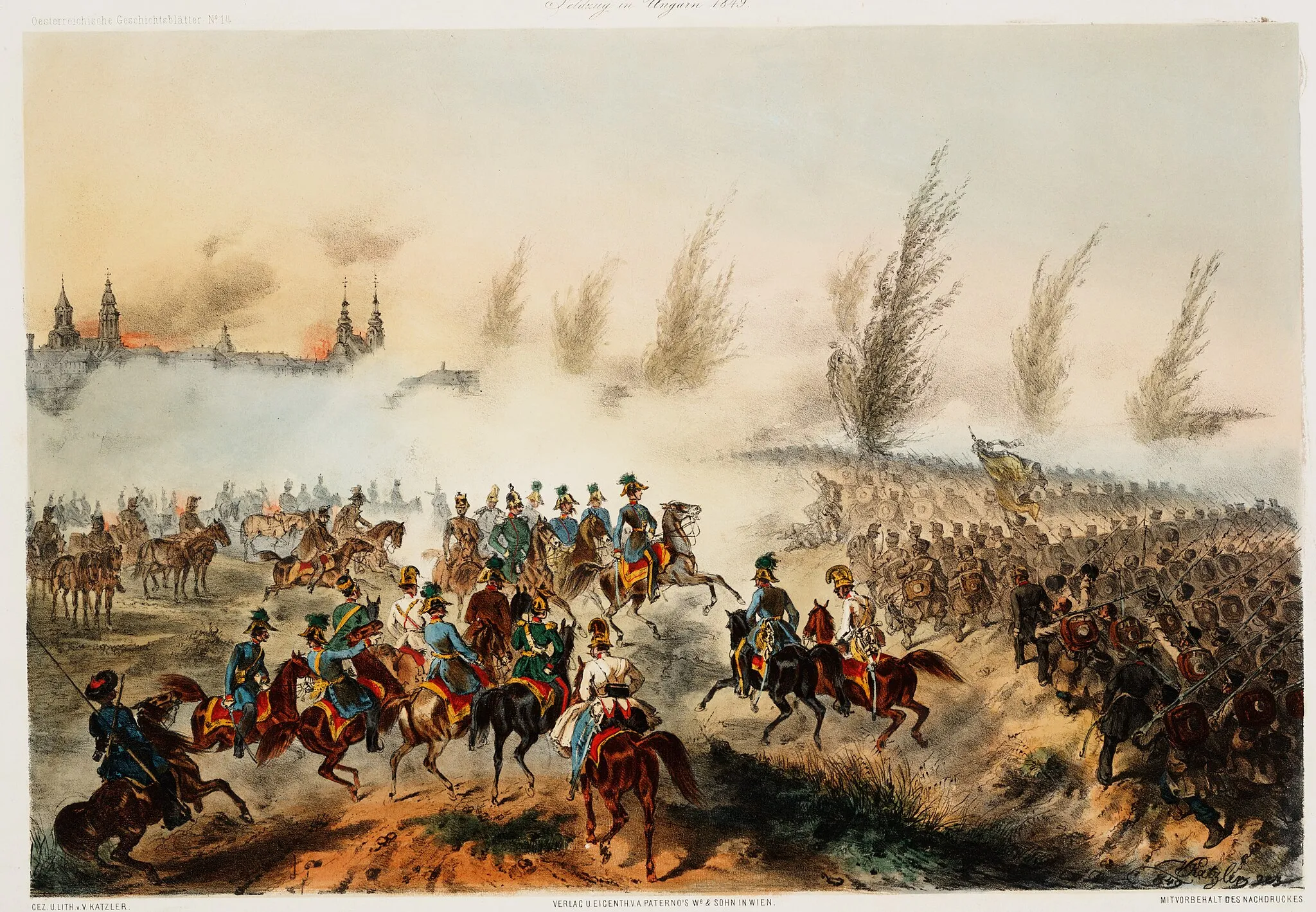 Photo showing: Battle of Győr 28 June 1848 by Vinzenz Katzler.
Emperor Franz Joseph I of Austria enters in Győr leading the Austrian troops.