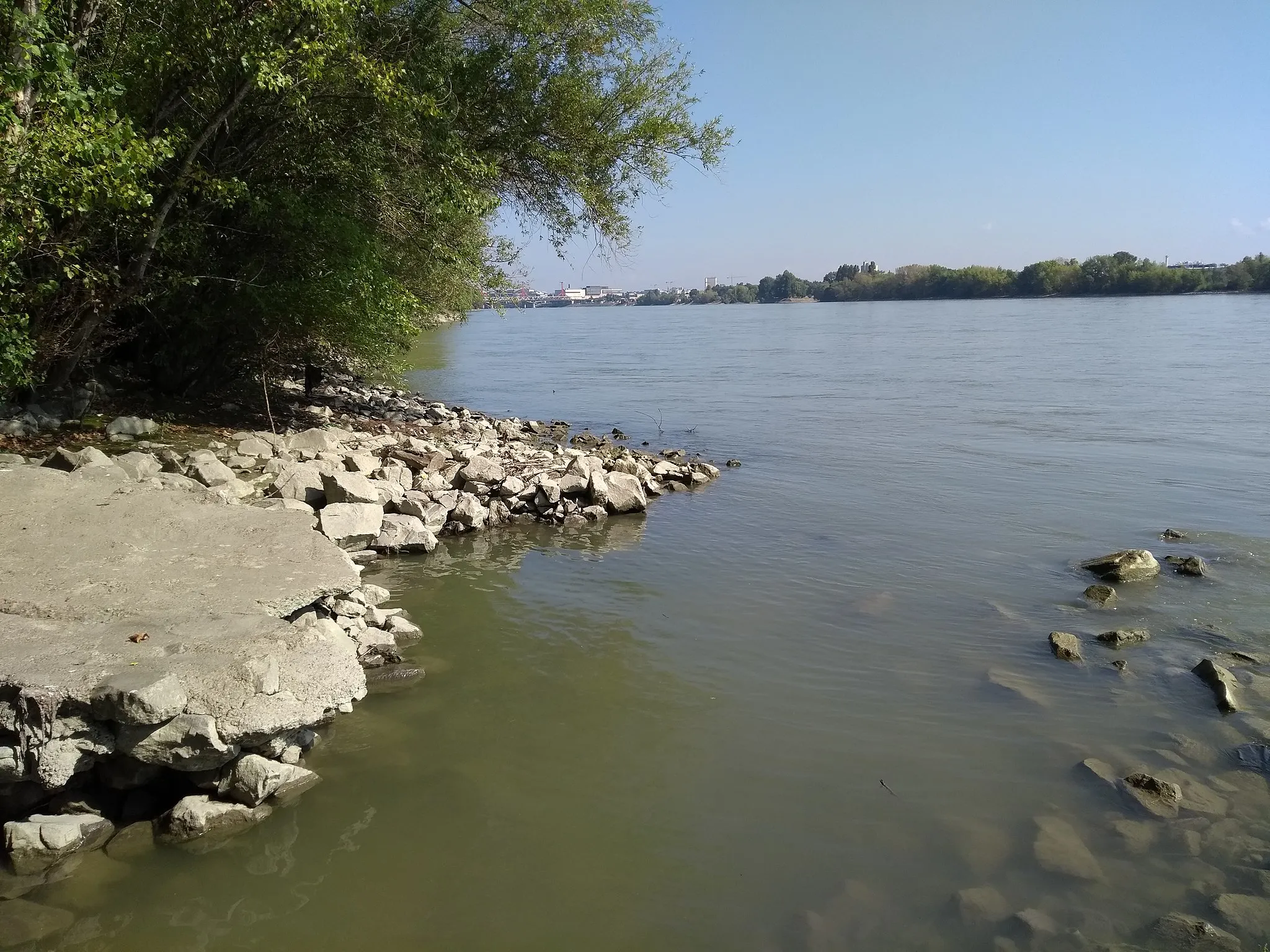 Photo showing: Danube at Kelenföld, Budapest, Hungary, between Galvani út and Keserű-ér, near the end of a sewage tunnel. The concrete on the bottomof the picture is part of that sewage tunnel.