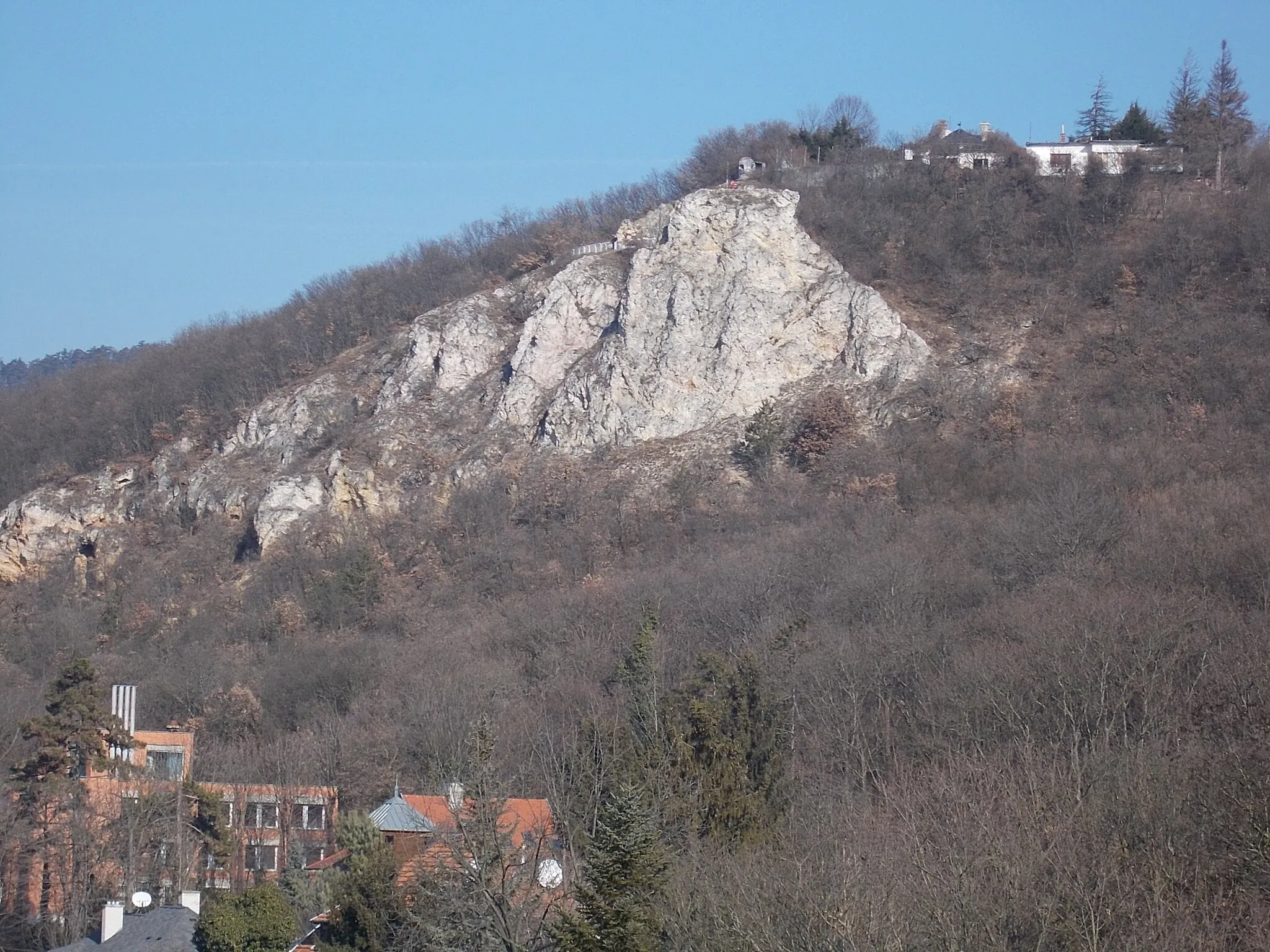 Photo showing: : View from Nagyhíd (Great bridge) tram stop to Apáthy Cliff (Under the protection of the Budapest Municipality since 1977. One of the finest and most fascinating formations of the Buda Hills. Nice view from its top. 5,75-hectare nature reserve. Geological and biological values. A main sights of its, the stone gateway with traces of red clay. Nature paths. - Get to: Take bus No.11 get off at last stop and walk. (Source: Budapest's Protected Natural Heritage brochure. Edited by EU Phare program. ISBN 963 04 7152 3.) - Pasarét neighborhood, Budapest District II.