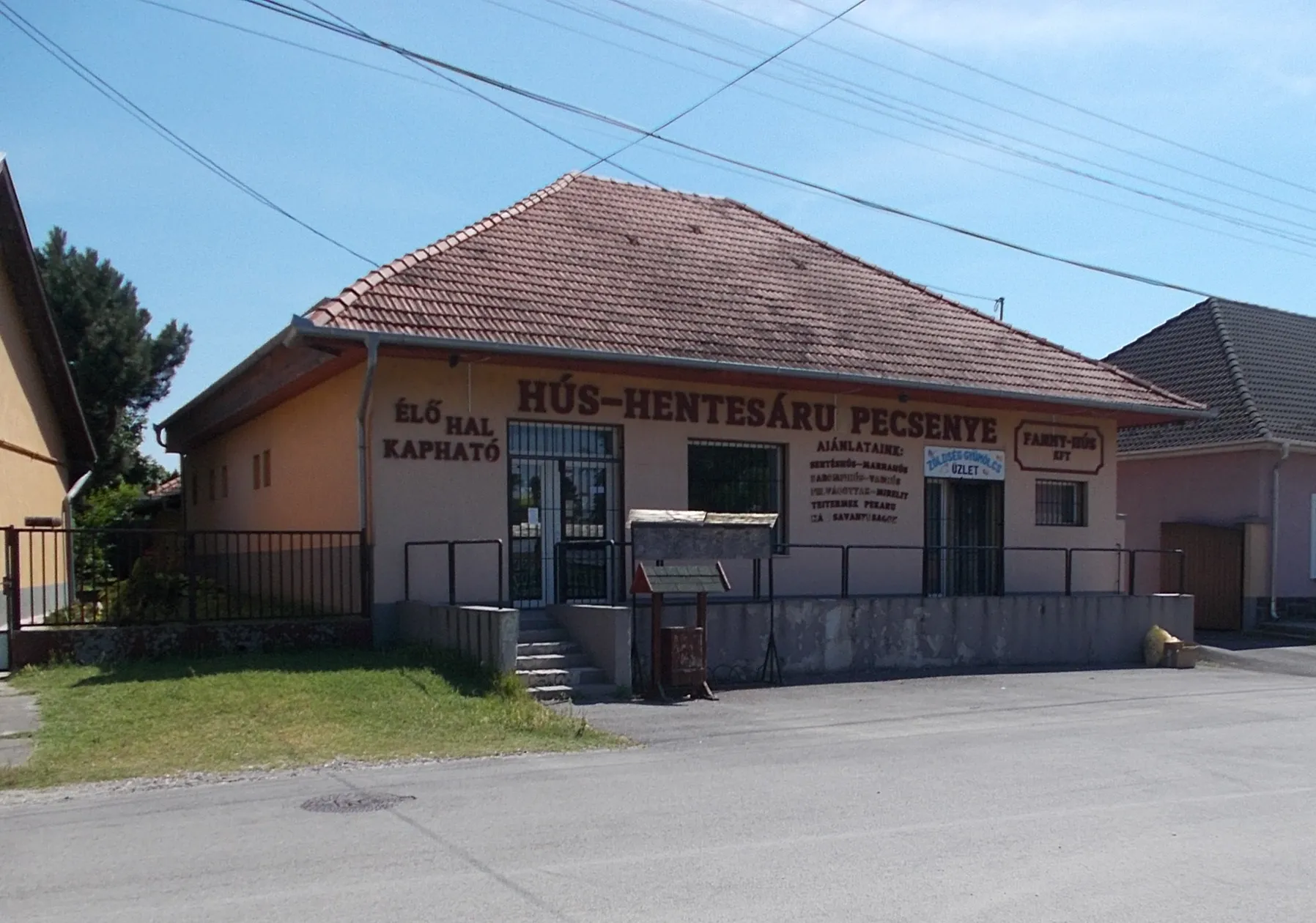 Photo showing: Live fish Meat-Butcher's Wares-freshly roasted meat shop - c. 7 Zrínyi Street, Farmos, Pest County, Hungary.