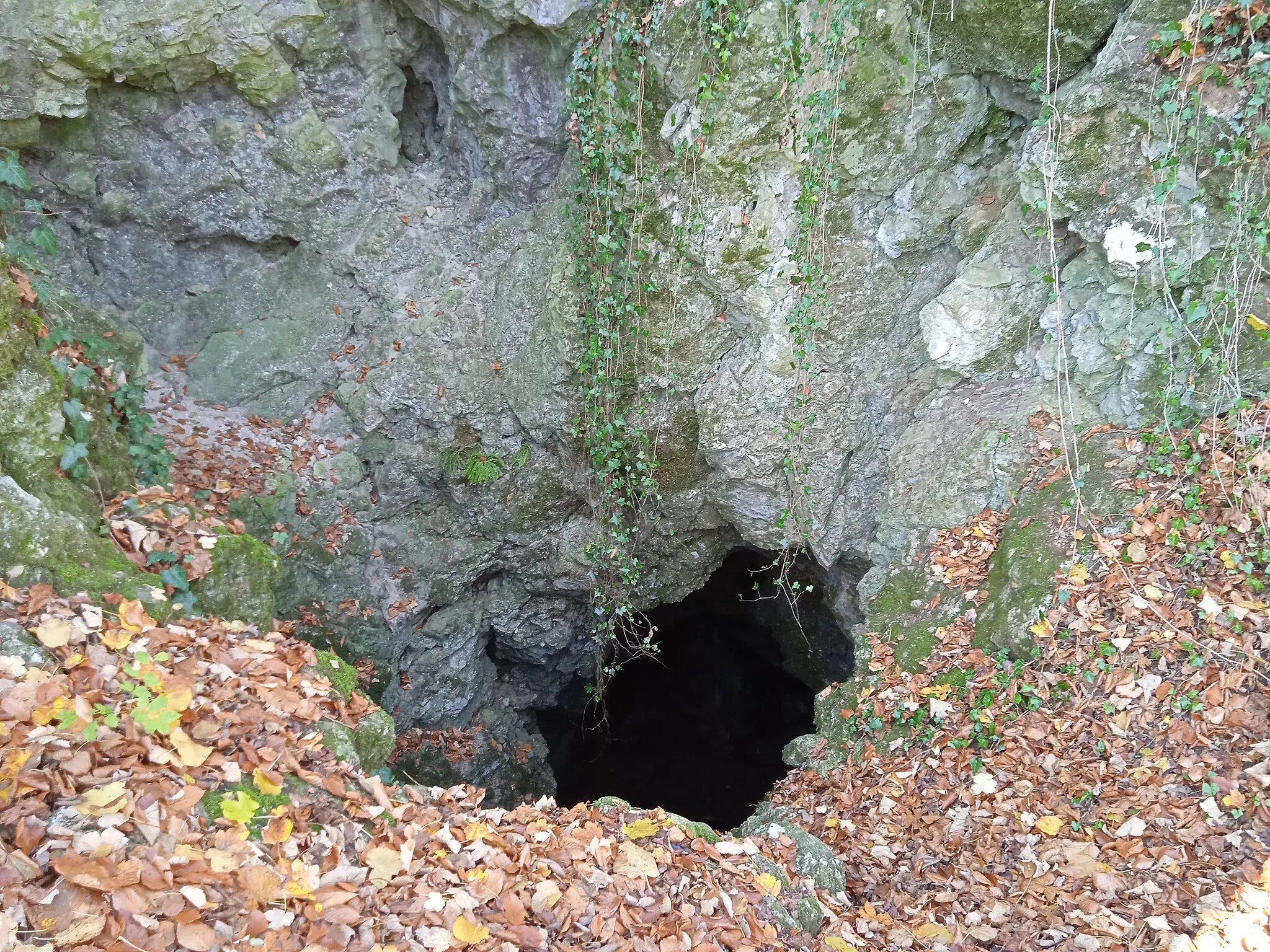Photo showing: Entrance of Szopláki Cave (Szopláki Devil's Hole). Pilisszentkereszt, Hungary.