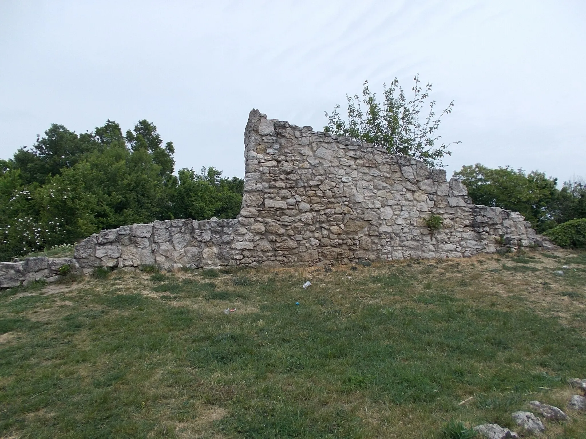 Photo showing: : 15th century hunting lodge remains. Wall piece on an 4-5m high earthmound the wall approx. 2m high, 3m long, collapsing. The former shape of the building is barely recognizable. Listed In middle of a Park between Kutyavári Street and Fürdő Street, Érdliget neighborhood, Érd, Pest County, Hungary