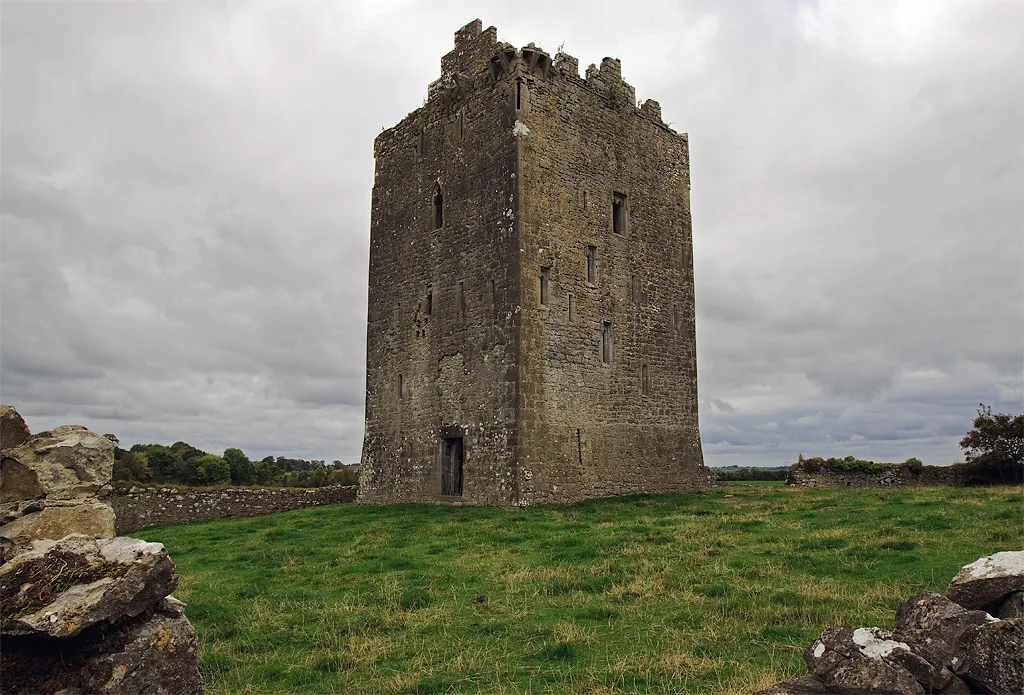 Photo showing: Castles of Munster: Lackeen, Tipperary The location of this castle is just north of the R438 and equi-distant between Portumna and Birr. This tower house with its stepped gables (a later modification) lies within a pentagonal bawn having an arched gateway entrance. The castle belonged to Brian O'Kennedy who died in 1588, and was confiscated by Cromwell in 1653.