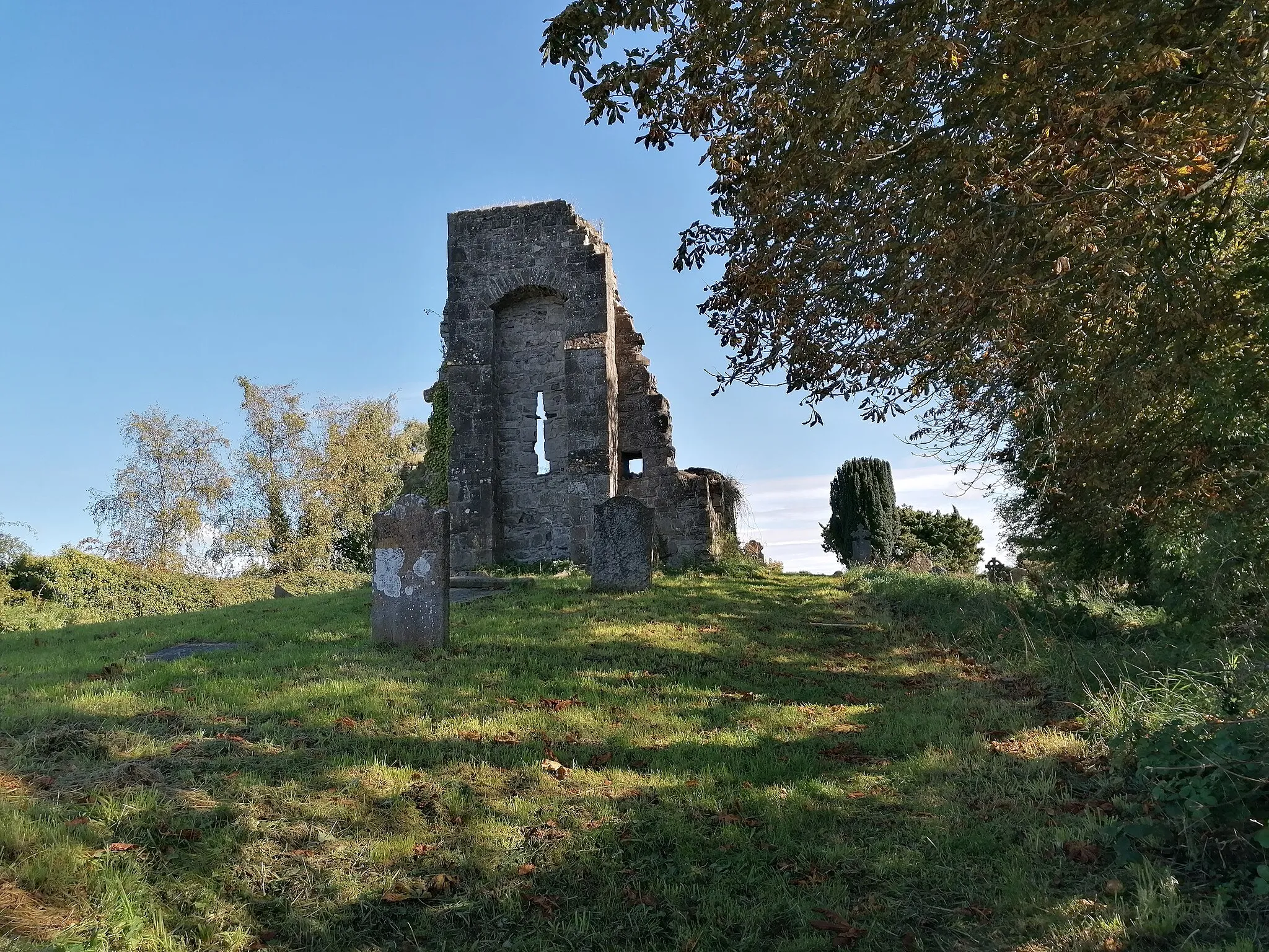 Photo showing: Buttressed west gable wall of St. Finian's medieval church ruin, Esker, Co. Dublin, Ireland.