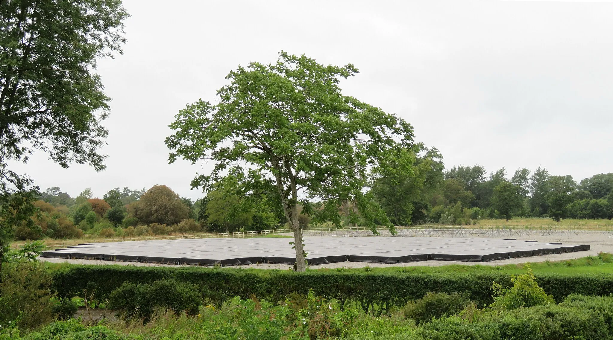 Photo showing: The Irish Low-Frequency Array (I-LOFAR) at Birr Castle in Ireland is a radio telescope that observes the universe at low radio frequencies during the day and night. It is part of the largest telescope in the world, with telescope stations in the array stretching across Europe between Ireland and Poland. This effectively gives the combined virtual telescope a continent-sized baseline aperture of almost 2,000 km. In this location there are 96 high-band antenna assemblies (110–240 MHz) contained within the large, black mosaic of tiles in the foreground, and 96 low-band dipole antenna assemblies (10–90 MHz) - the array of poles resembling tall sewing pins in the background held in place by ground anchors, or guy wires; visually, the low-band array resembles a swarm of tripods. Within these assemblies are around 3,000 antenna units.  The data from this and the other telescopes in the LOFAR array are sent by high-bandwidth fibre optic cables to Groningen in the Netherlands where they are integrated and analysed by an IBM Blue Gene/P supercomputer.