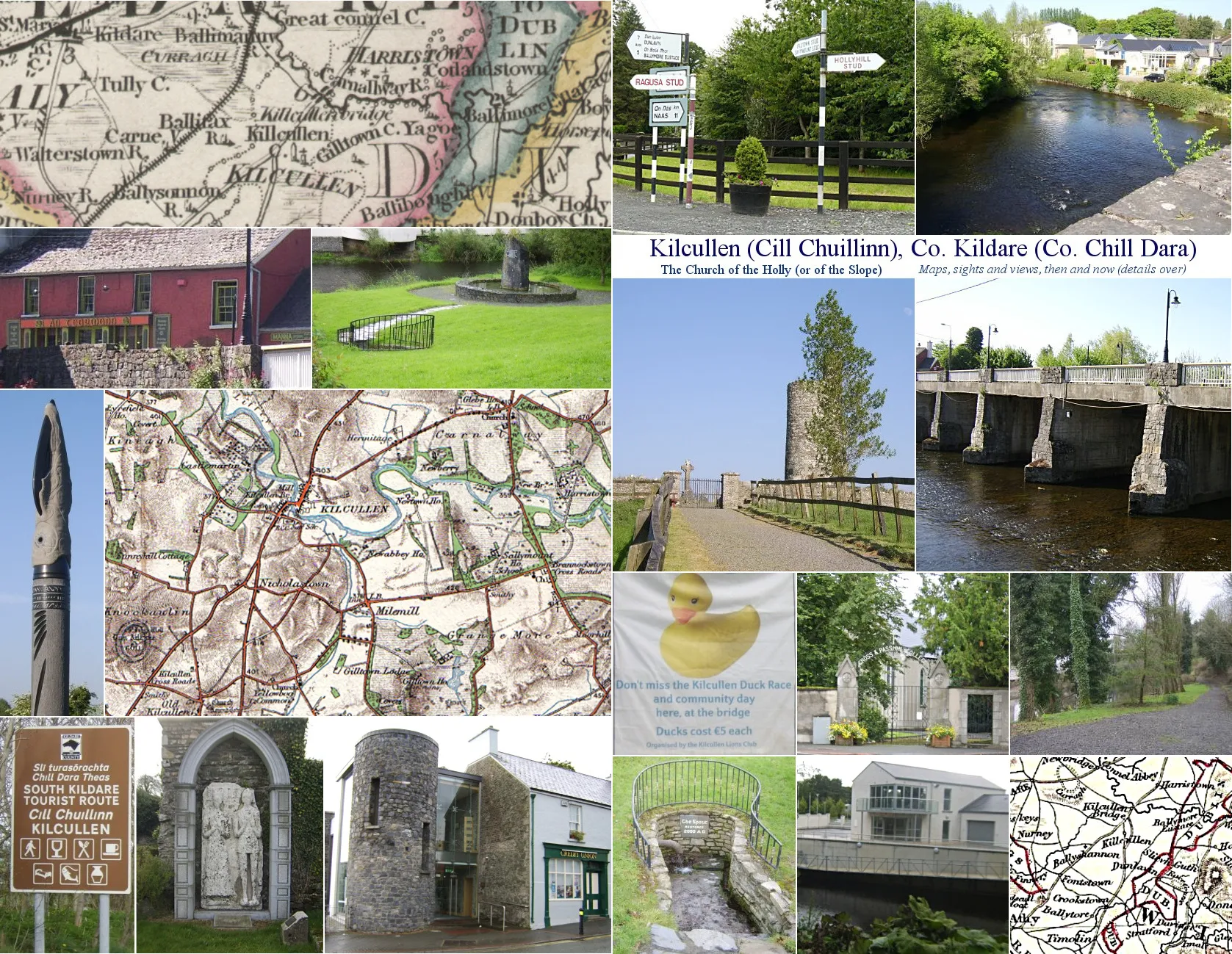 Photo showing: Postcard of Kilcullen, Co. Kildare, Ireland - 18th century map, roadsigns, R. Liffey, charity cafe and bookshop, memorial in community park, Irish round tower at site of old walled town, Kilcullen bridge, memorial of Dun Ailinne, 19th century map, Portlester Monument and other local scenes.