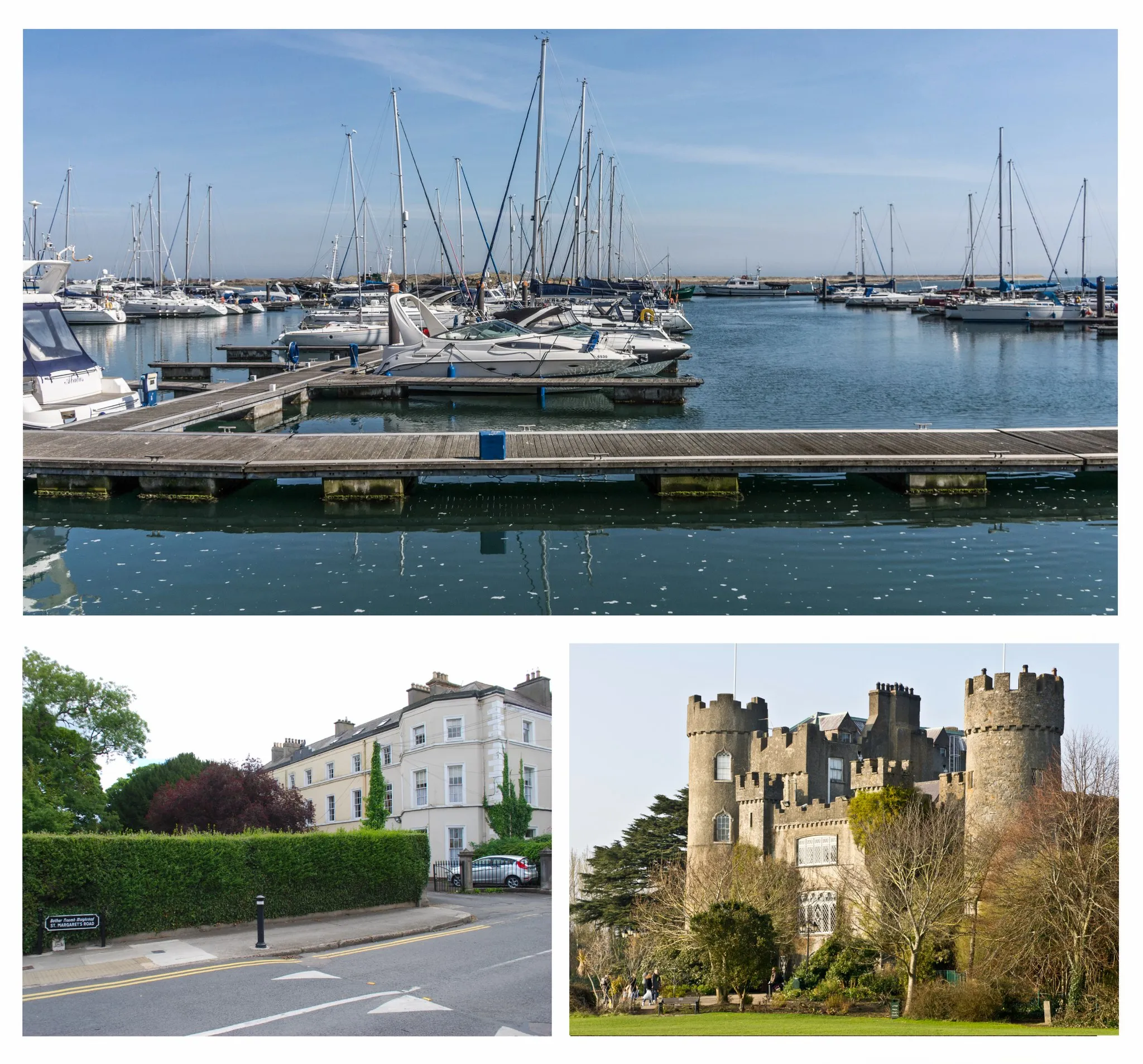 Photo showing: Clockwise from top: Malahide Marina; Malahide Castle; period houses in central Malahide