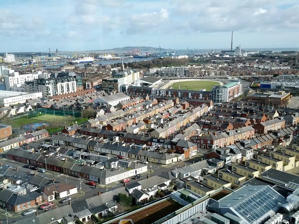 Photo showing: View of Ringsend showing Shelbourne Park greyhound racing stadium from the top floor of the Montevetro building