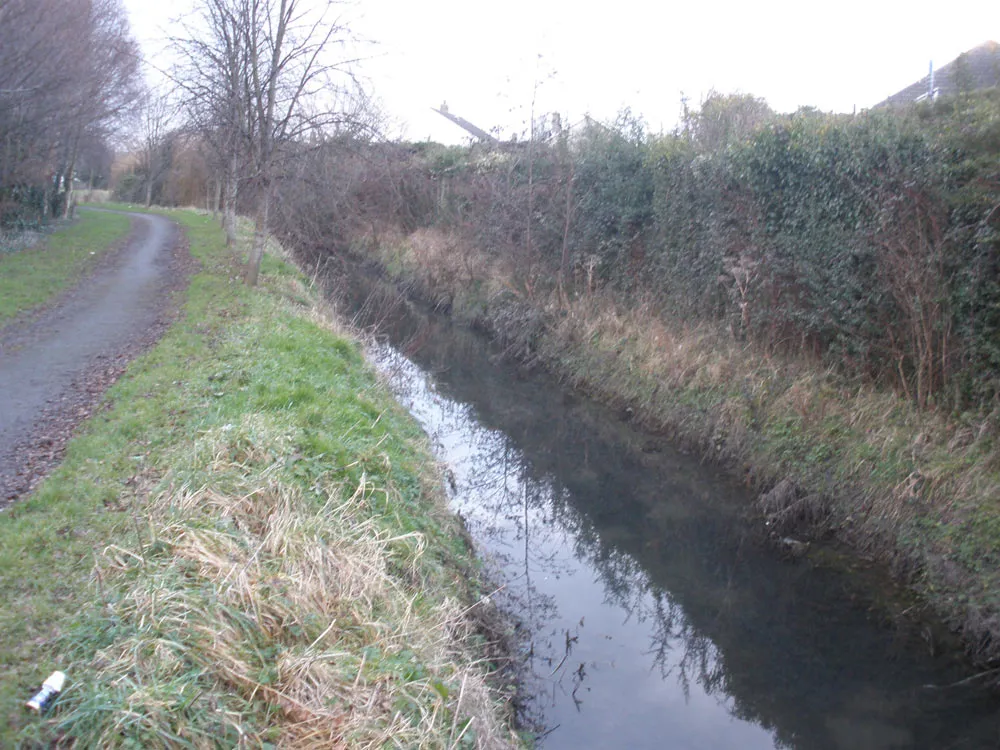 Photo showing: View of the River Poddle, Dublin, where it forms the border between the townlands of Templeogue (left bank, or south) and Whitehall (right bank, or north). The river flows northeast towards the camera (which points southwest) and is about to cross under Templeville Road which is out of sight, just a few metres behind the camera. See also River-Poddle-2010-02-19a.jpg and River-Poddle-2010-02-19b.jpg.