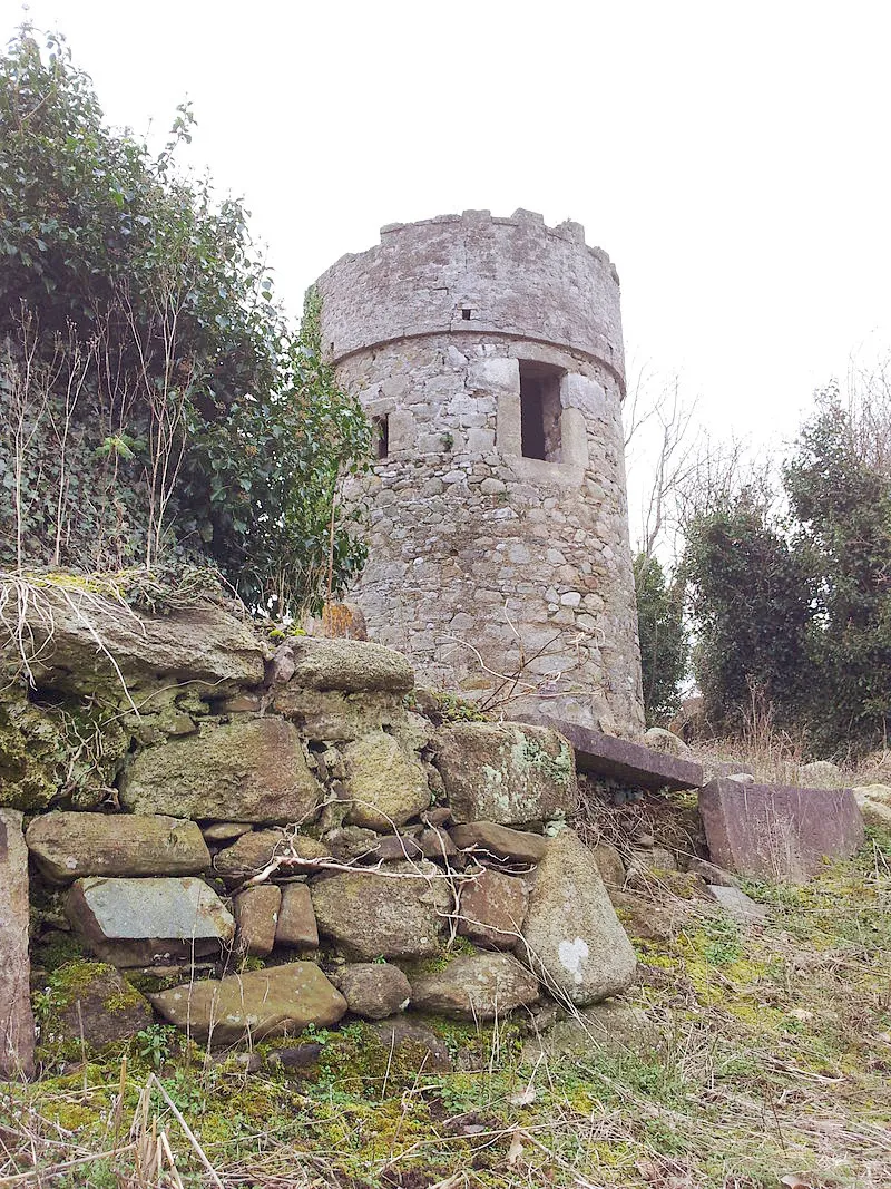 Photo showing: Cruagh watchtower with the remains of the church on the left