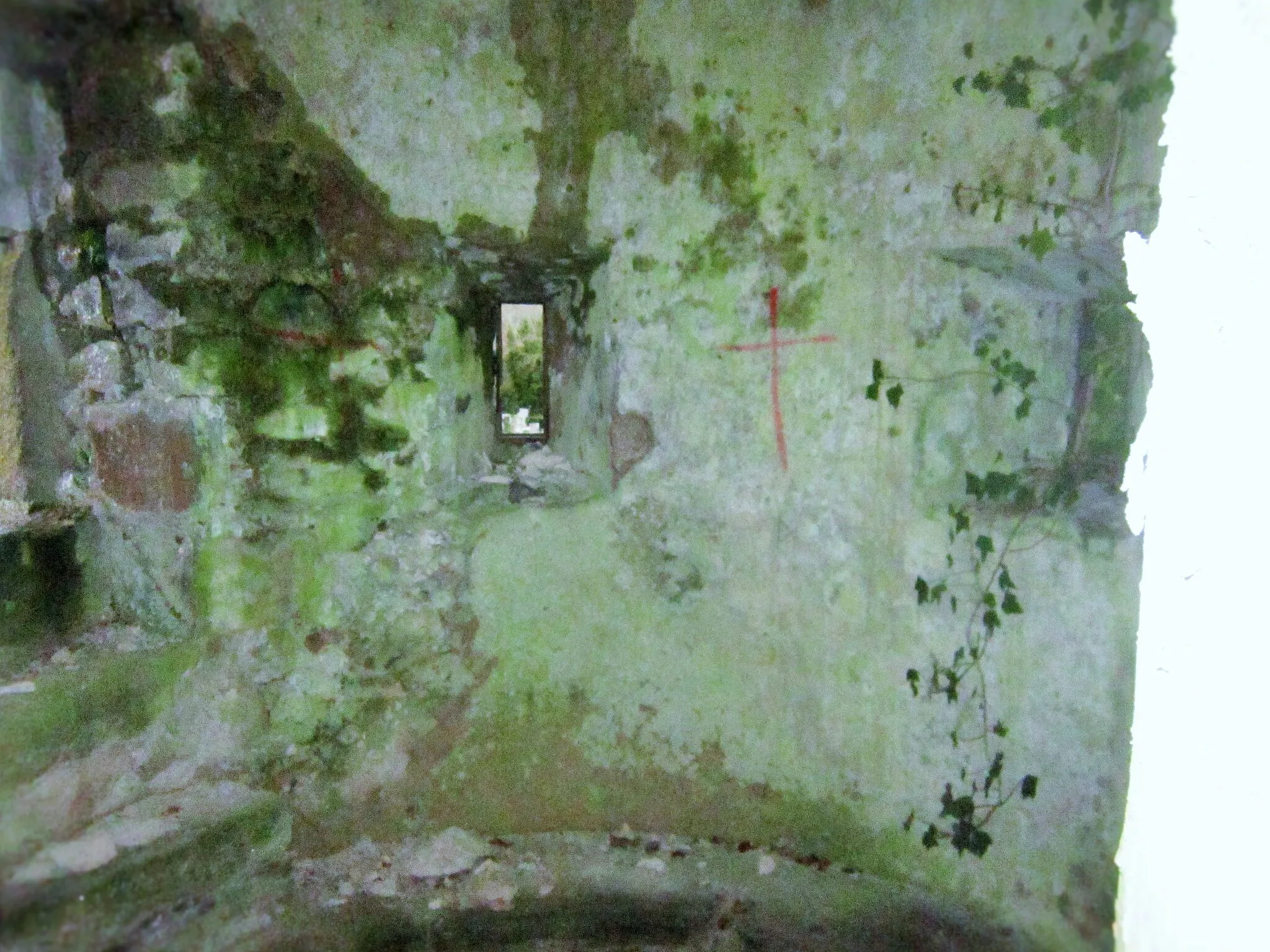Photo showing: Inside the old watchtower at Cruagh Cemetery. Photograph was taken by putting tripod through the high window