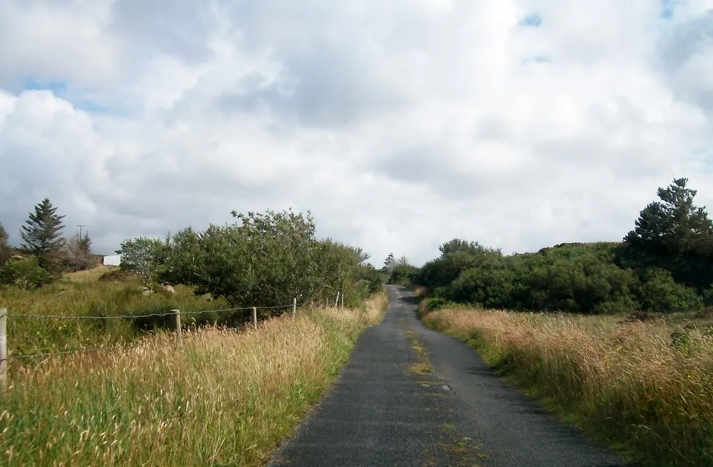 Photo showing: The road to Cloughwally climbing south-eastwards across the flank of Drumlaghdrid Hill