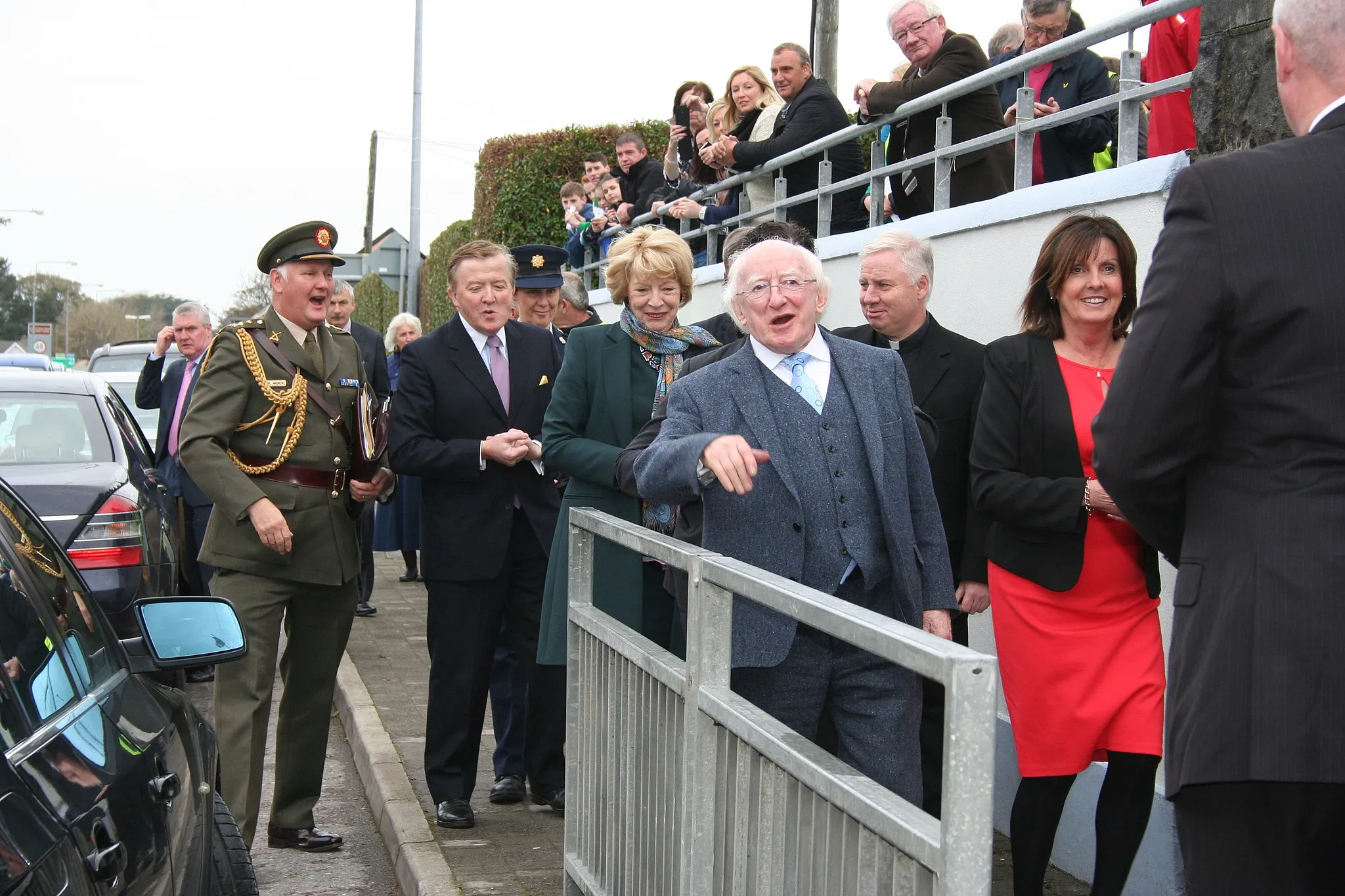 Photo showing: President of Ireland Michael D. Higgins pictured waking into Cliffoney National School with His Wife Sabina (left), Principal Ita MacGowan and Fr. Christy McHugh (Right)
