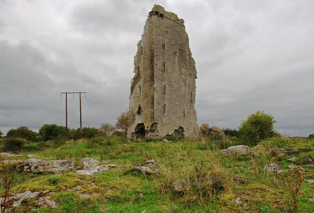 Photo showing: Castles of Munster: Derryowen, Clare Located in a remote area near the Burren National Park to the NE of Templebannagh Lough, parts of the SE and SW walls still stand six storeys high. Although in O'Shaugnessy territory, it was acquired by George Cusack in 1589. He was killed in 1599 by the O'Briens of Leamaneh in revenge for ordering the execution of Donogh O'Brien in 1582 (when he was sherriff of Clare). Visible is an opening in the facing corner called an angle loop, through which muskets or missiles could be fired.