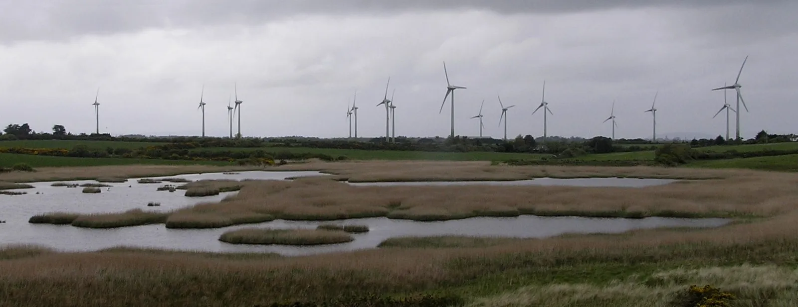 Photo showing: Looking Northwestward out over the salt marsh at the back of Morriscastle caravan park in Kilmuckridge, Co Wexford at the 42 MW 21 turbine wind farm at Ballywater close to Cahore Point and lying between the villages of Ballygarret to the North and Kilmuckridge to the South. Taken on afternoon of Sunday 6th May 2007.