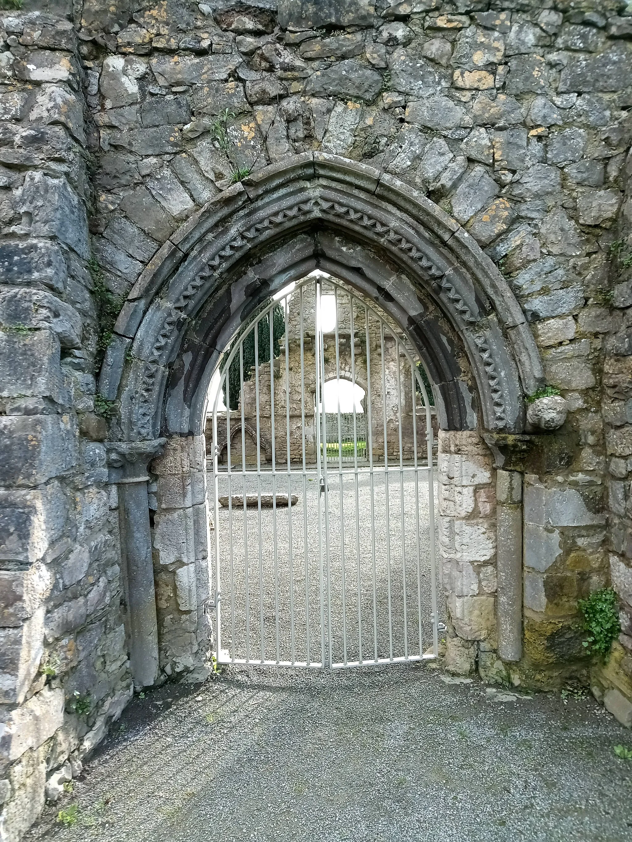 Photo showing: The quite elaborate Northern entrance into Gowran Collegiate Church ruin with partly original and partly "restored" masonry. It is now flanked by buttresses on either side, but the left one is definitely too close for comfort, i.e. there is no room for the corresponding arch stopper that can still be seen on the right.
A lovely dog tooth pattern runs along the arch.