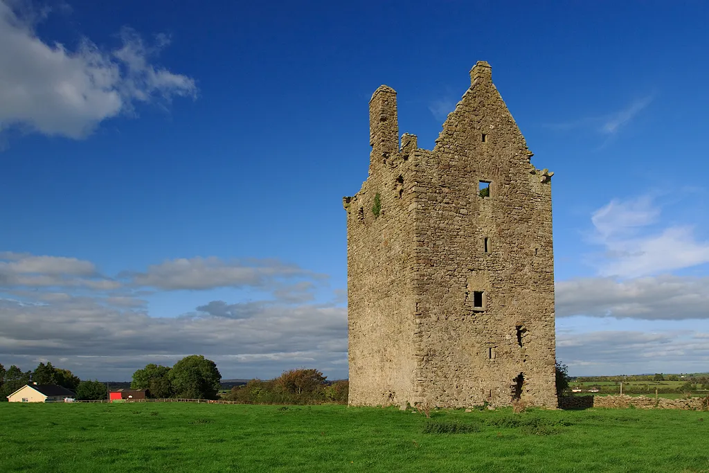 Photo showing: Castles of Munster: Knockane, Tipperary Knockane is a five storey tower house located off a minor road from the N7, just to the north of Toomyvara. It probably dates from c.1600-20. Out of shot but just discernible in the photo is a circular bartizan upon stepped corbels on the far corner. The bartizan on the opposite corner is missing, although the corbels are still there. The tall chimneystack rising above the west wall served a fireplace on the fifth storey level, whilst the small chimneys on the gables are dummies.