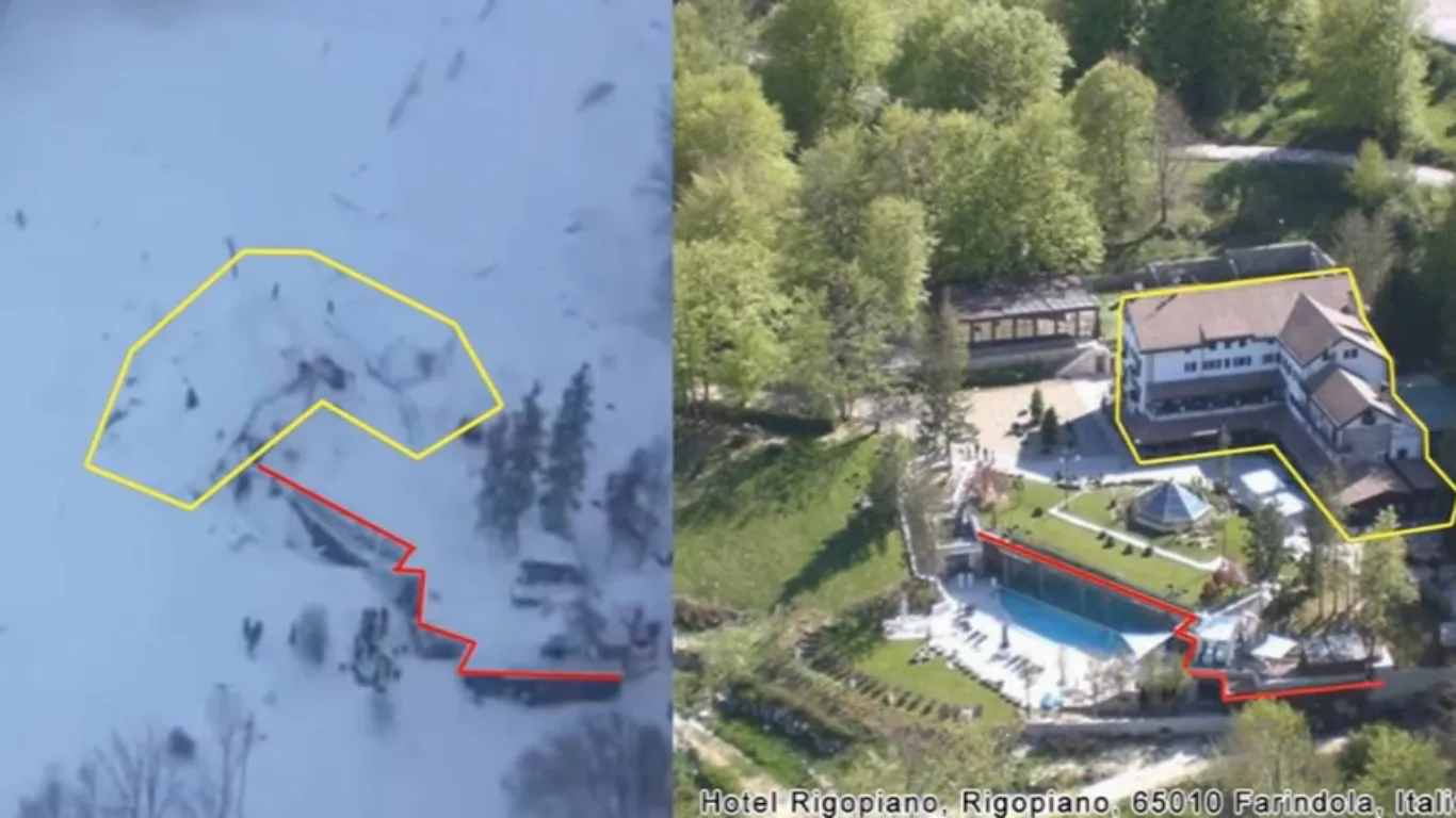 Photo showing: Rigopiano Hotel before and after the avalanche