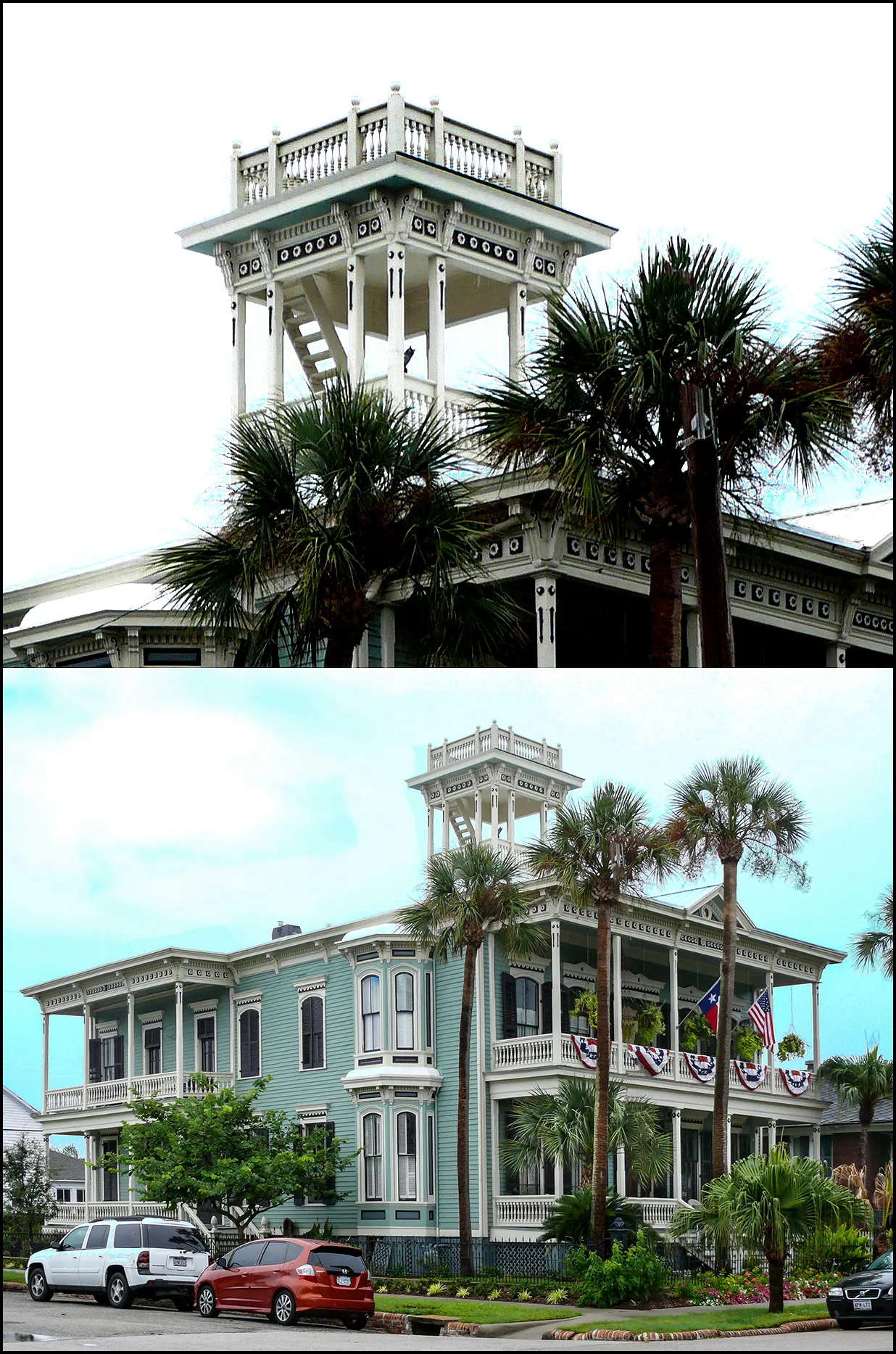 Photo showing: Belvedere on the Julius H. Ruhl Residence in Galveston.
Also, called a "Widows Walk" because they were used by wives to watch for husbands returning from sea voyages.  They are also known as a "widow's watch," roofwalk or Captain's Walk. The were a popular feature on coastal homes in the last half of the 19th century -- the Age of Sail