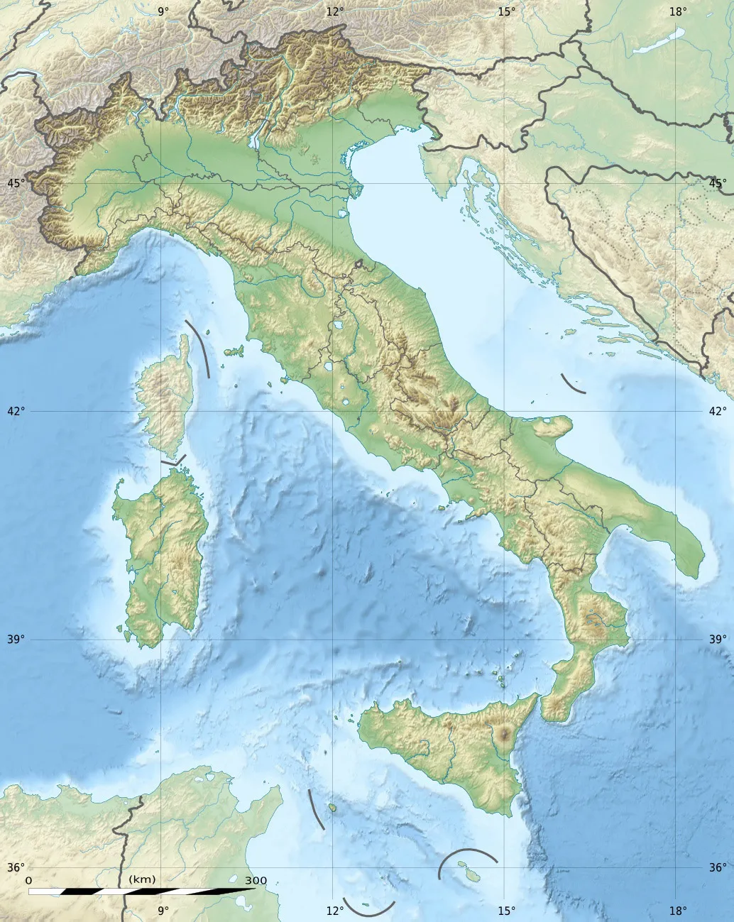 Photo showing: Blank physical map of Italy including the 08-2009 modification of the boundary between Emilia-Romagna and Marche regions, for geo-location purpose.
