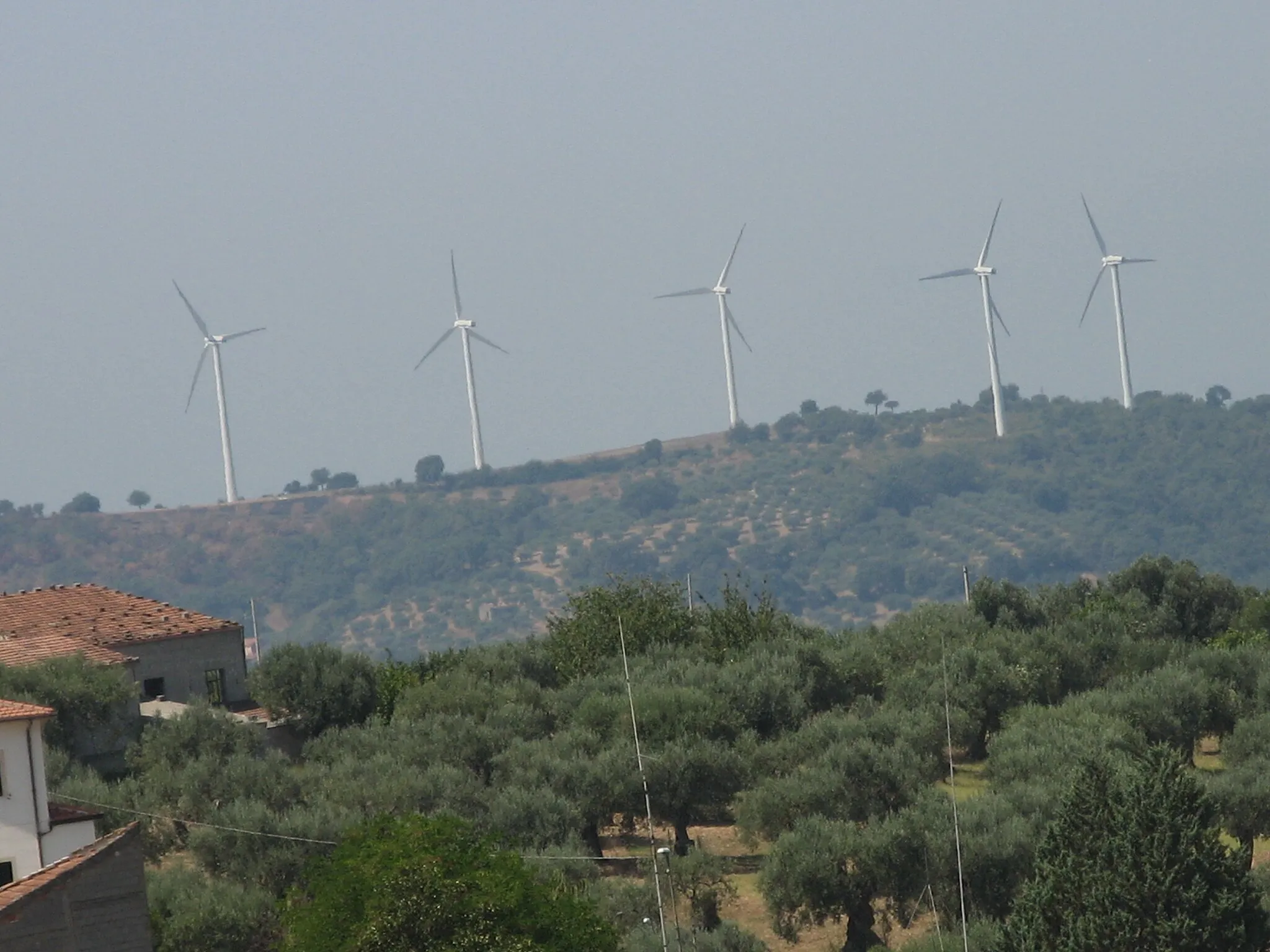 Photo showing: Impianto eolico di Albanella. Sulla collina di San Chirico, a pochi km ad ovest di Albanella, sono state impiantate dieci pale per la produzione di energia eolica alte 50 metri e visibili anche dalla costiera amalfitana.
L'impianto, entrato in attività nel febbraio 2004, è caratterizzato da 10 aerogeneratori (modello V52) da 850 kWh ciascuno che producono oltre 20 milioni di kWh all'anno. L'impianto eolico è stato progettato e sviluppato dalla IWT (Italian Wind Technology) facente capo alla multinazionale danese "Vestas".