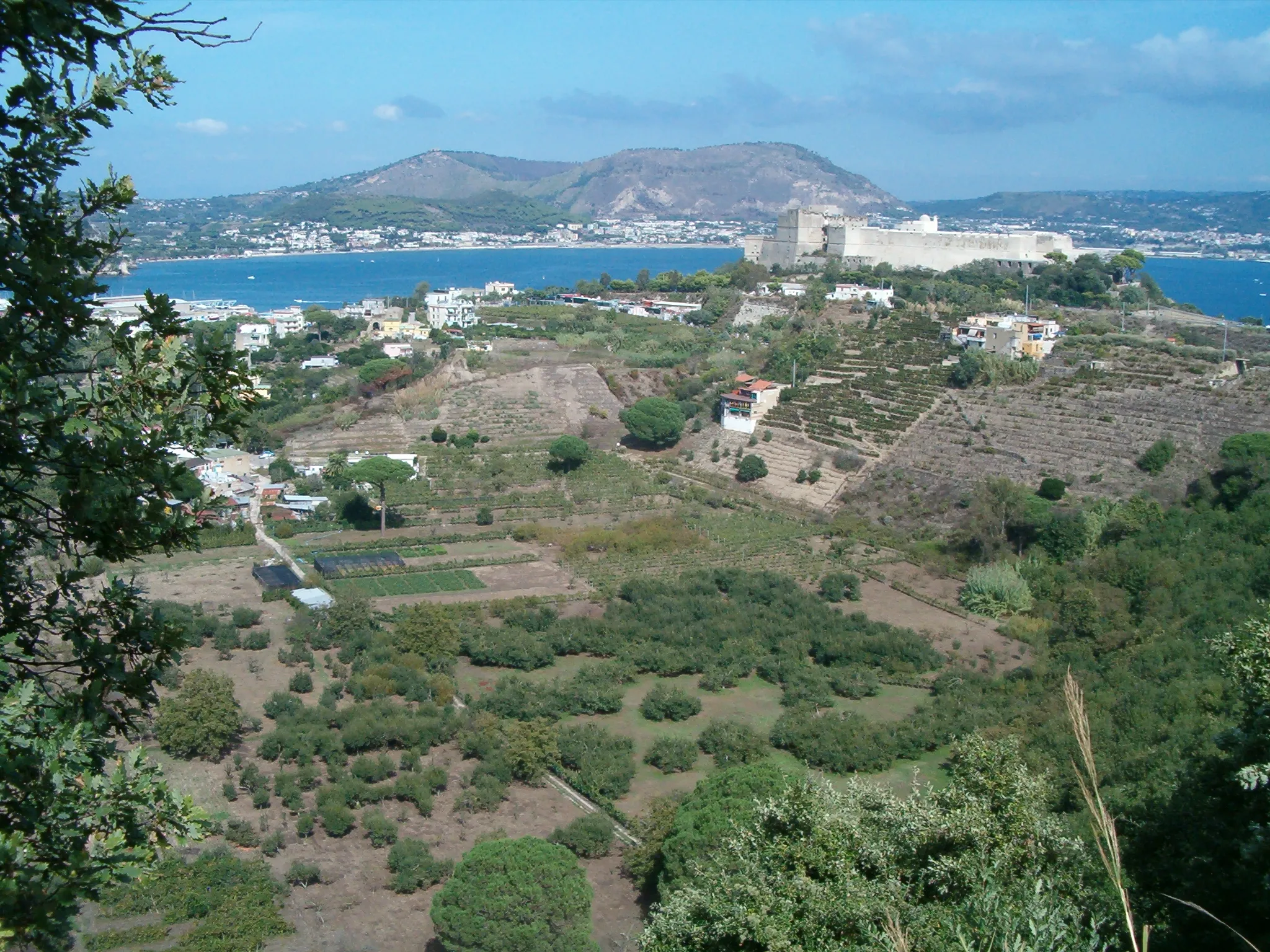 Photo showing: Comune di it:Bacoli: Castello Aragonese di Baia, situato sull'orlo di una coppia di crateri vulcanici chiamati Fondi Di Baia - Sullo sfondo il Golfo di Pozzuoli con il massiccio tufaceo del Monte Gauro ed alla sua sinistra il vulcano più recente (ricoperto da una pineta), il it:Monte Nuovo, sorto nell'anno 1538, quarantatre anni dopo l'edificazione del Castello.