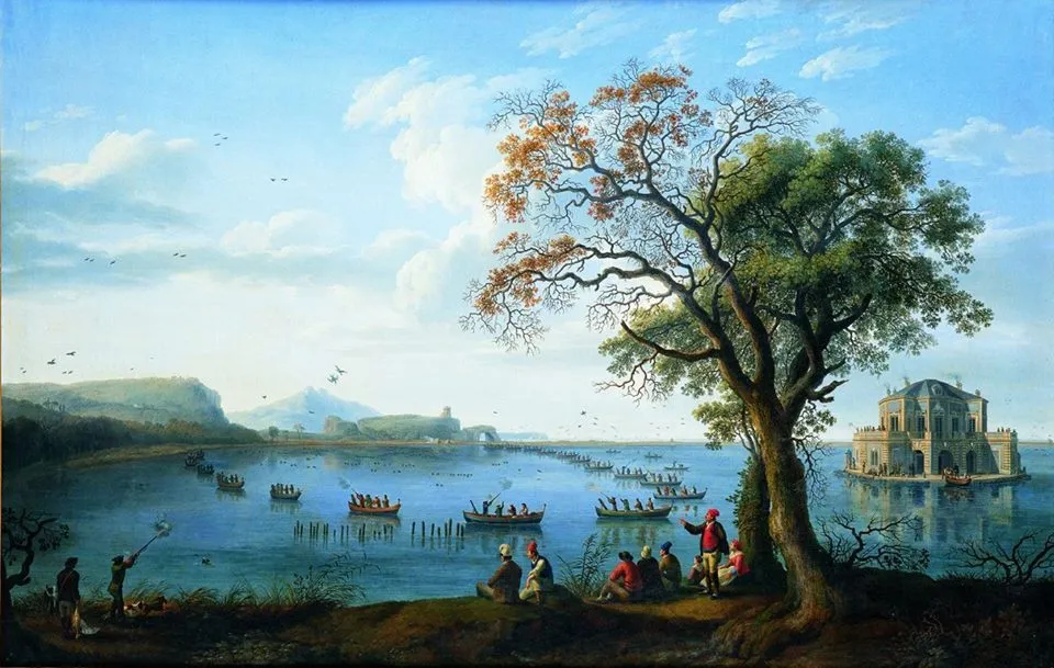 Photo showing: Jakob Philipp Hackert - Lago Fusaro con Casina Vanvitelliana. Il re Ferdinando IV di Borbone a caccia di folaghe. (Museo di Capodimonte, Napoli, Sala 43).