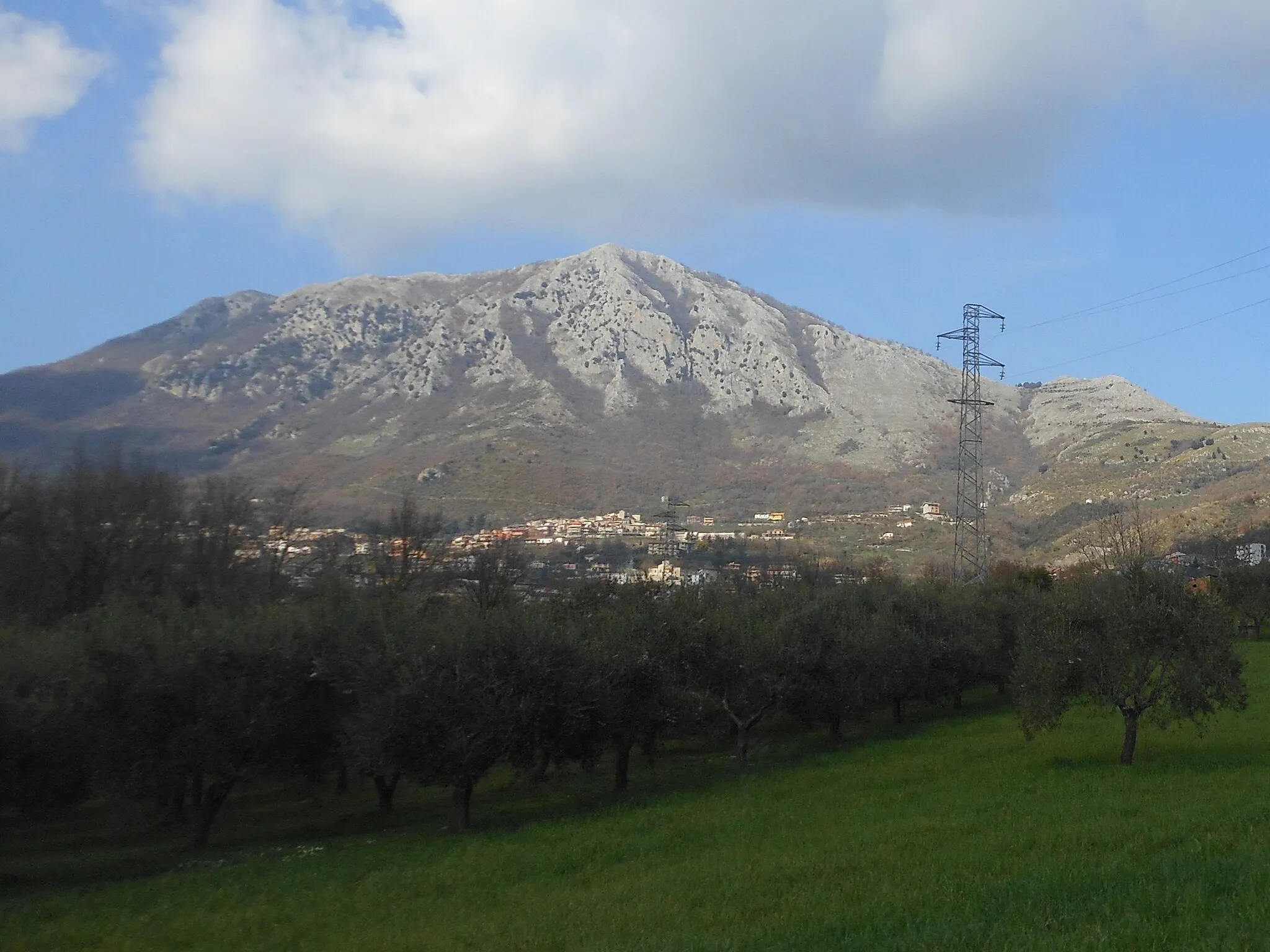 Photo showing: Mount Pèntime, part of the Taburno massif, with Vitulano at its feet plus olive trees in the "Vitulanese" Valley, Province of Benevento, Campania, Southern Italy.