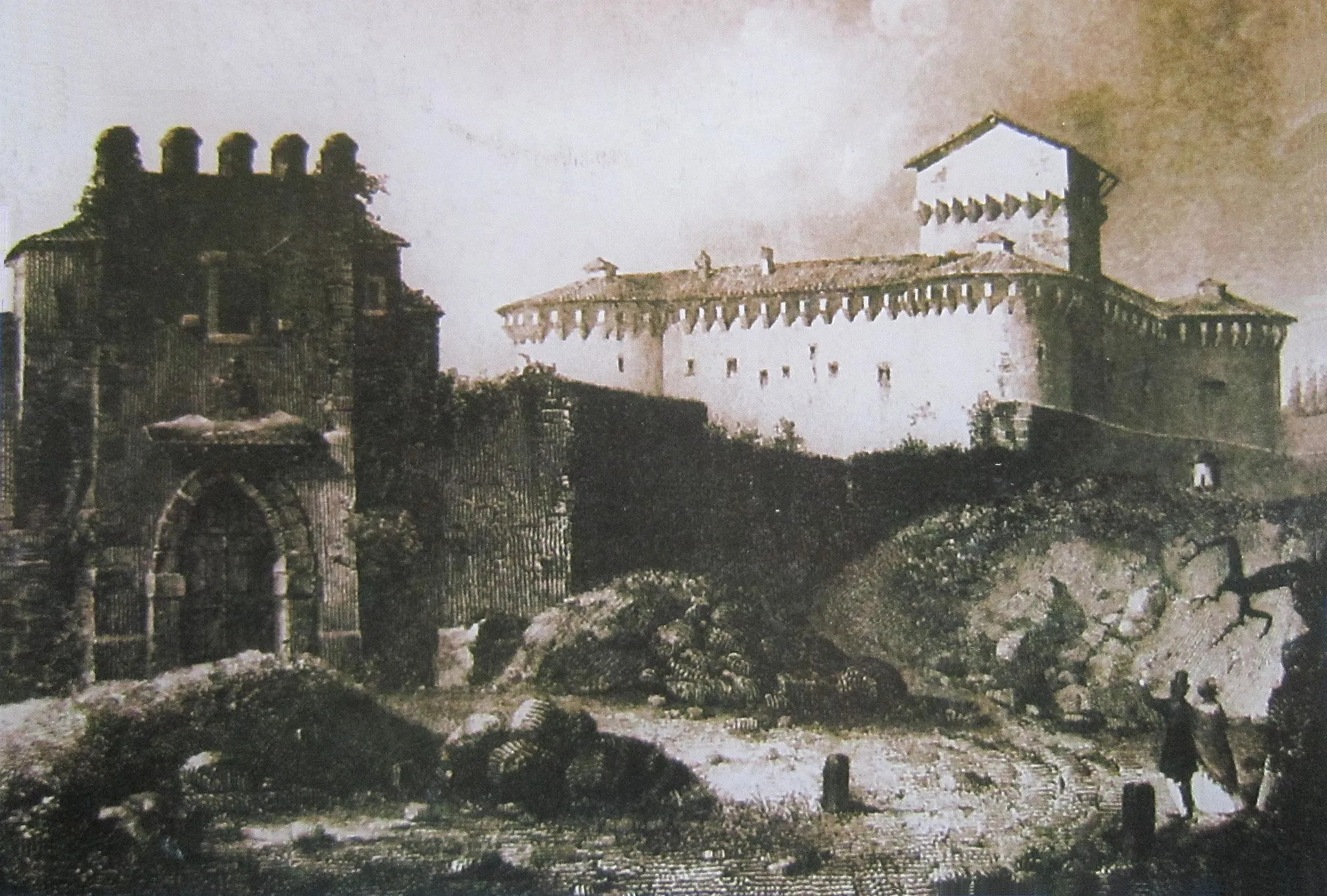 Photo showing: Porta Ravaldino e, sullo sfondo, la Rocca di Ravaldino, in una incisione di inizio Ottocento