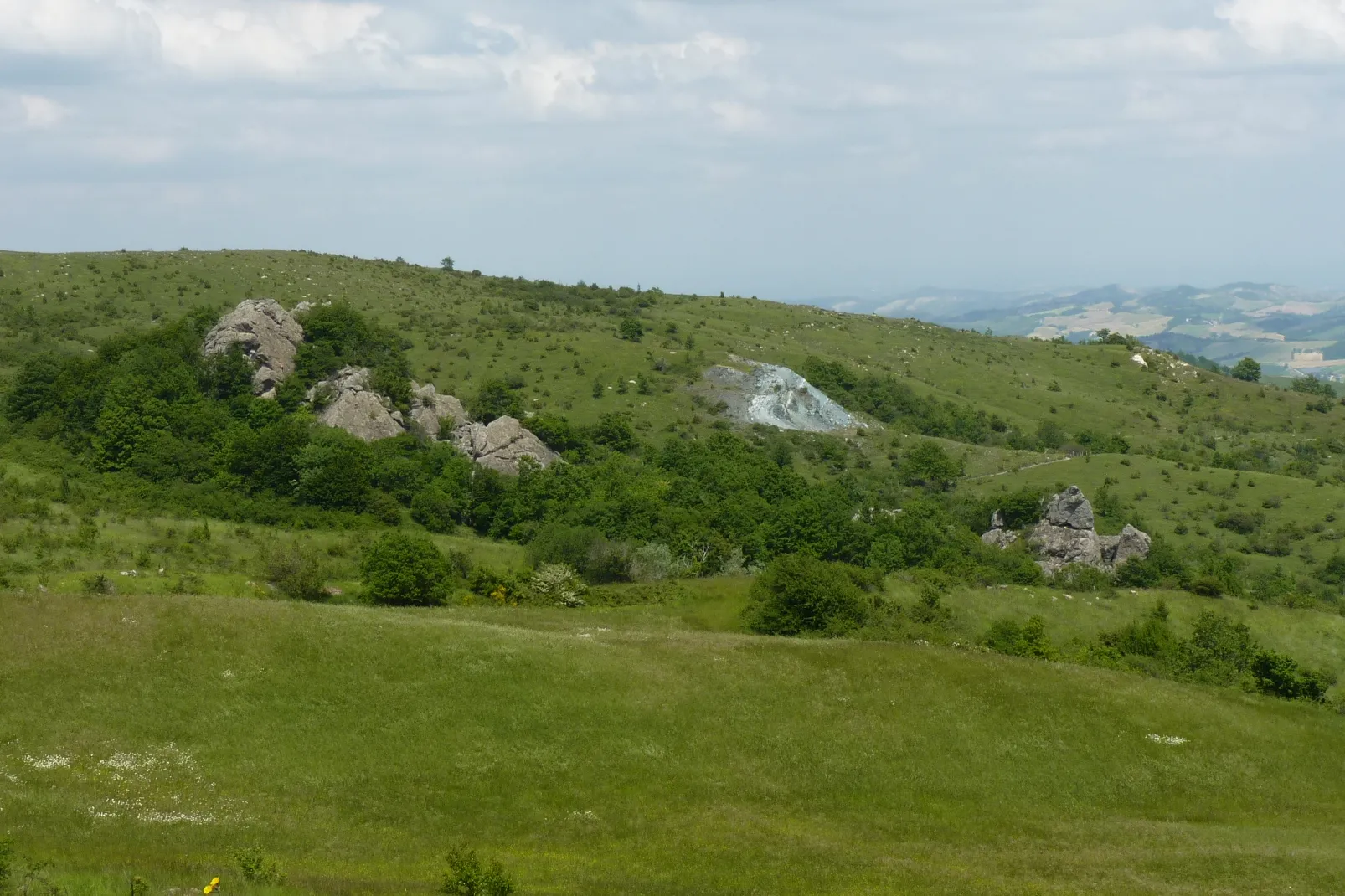 Photo showing: Affioramenti ofiolitici di età giurassica sull'Appennino Tosco-romagnolo. A sinistra, il Sasso della Mantesca, ricco di gabbro eufotide; al centro, il Sasso delle Macine, di composizione più serpentinica ed un tempo cava di serpentinite. Inquadratura verso NNE; maggio 2014.