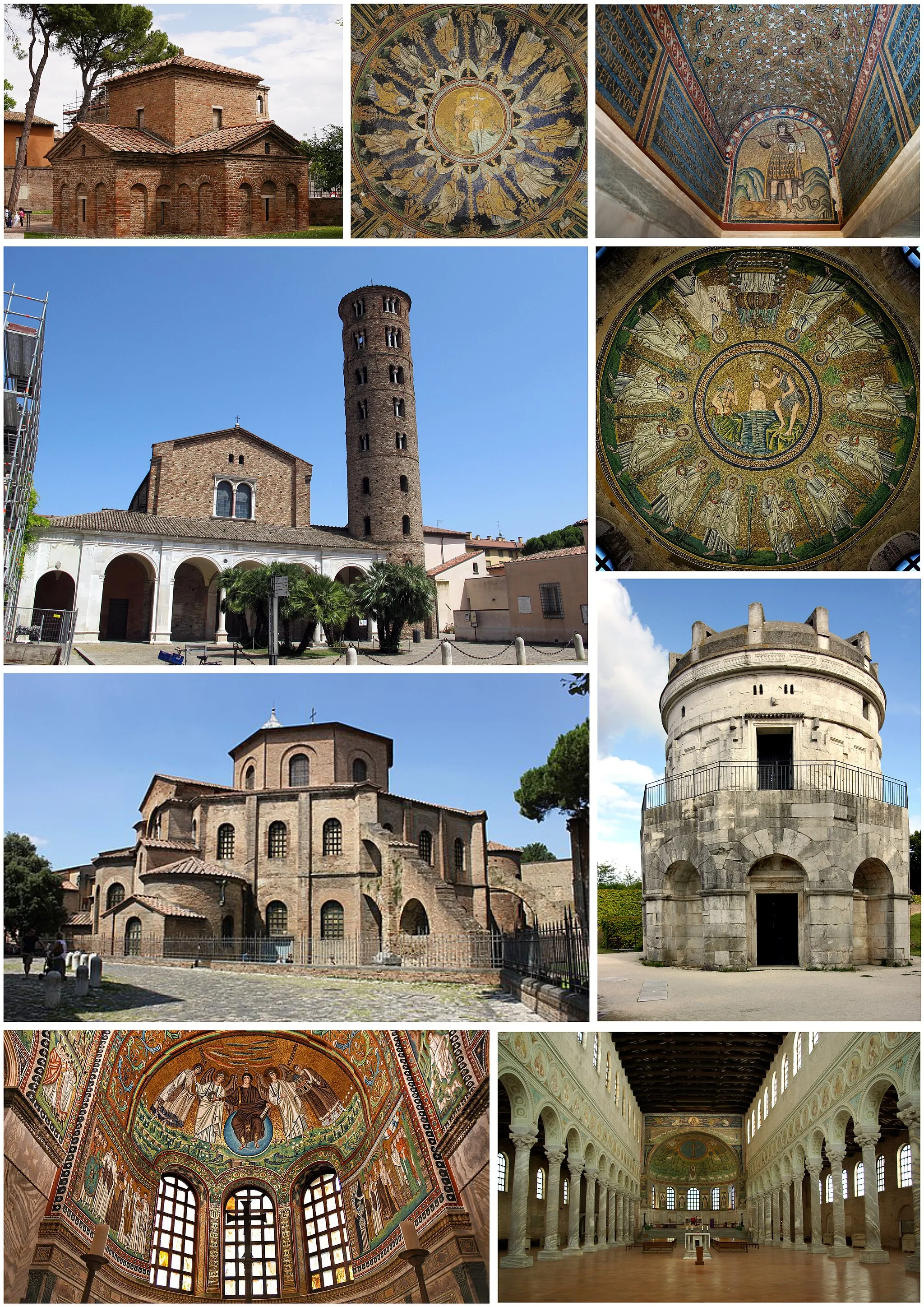 Photo showing: Early Christian monuments and mosaics from the 5th to 6th centuries: 1. Mausoleum of Gally Placidia, 2. Baptistery of the Orthodox, 3. Archbishop's Chapel, 5. Basilica of Sant'Apollinare Nuovo, 6. Baptistery of the Arians, 7. Basilica of San Vitale, 8. Mausoleum of Theodoric, 9. Apse mosaic in the Basilica of San Vitale, 10 Basilica of San Apollinare in Classe.