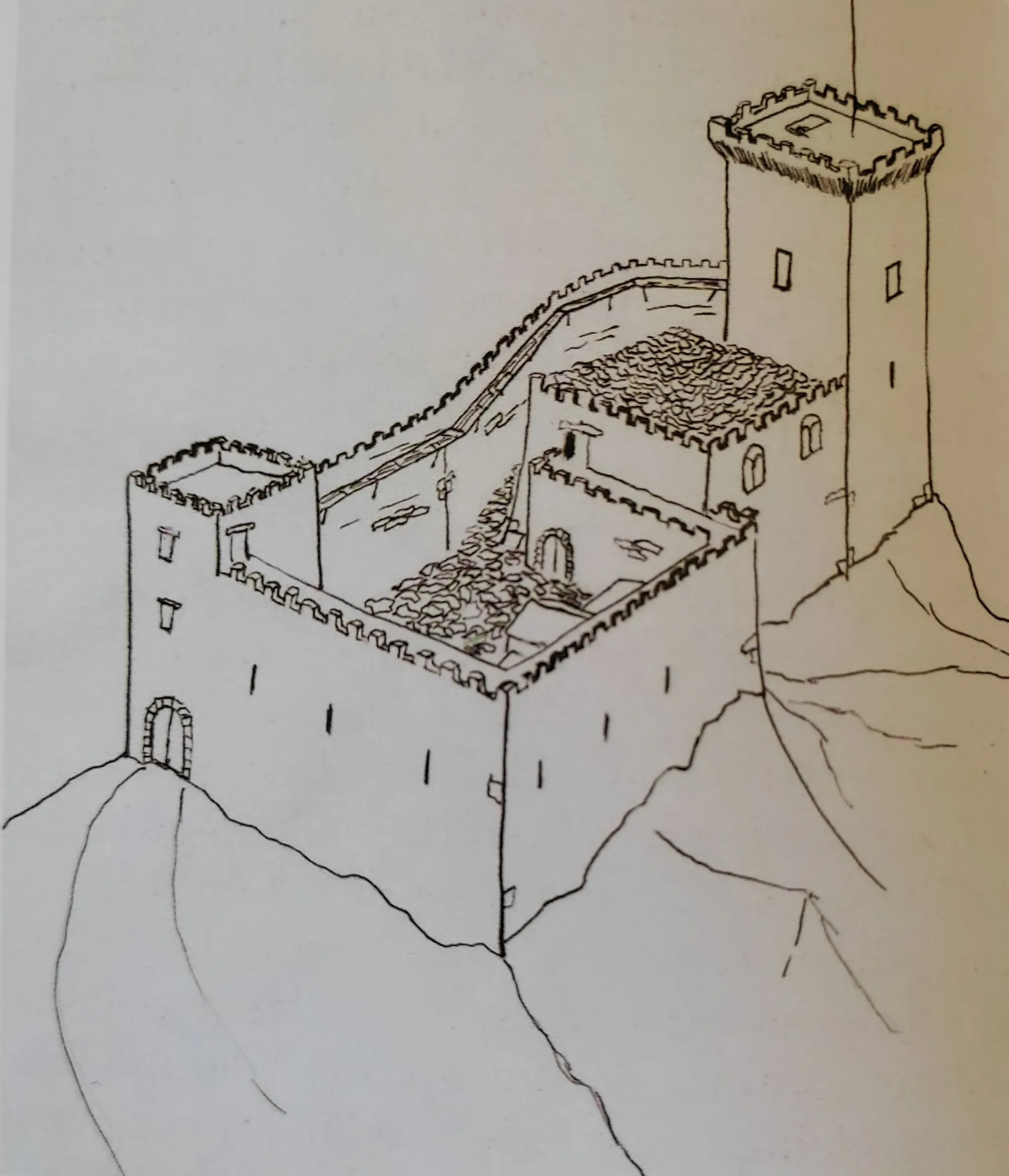 Photo showing: Ipotetica ricostruzione del Castellaro sulla base delle murature e fondamenta rimanenti.