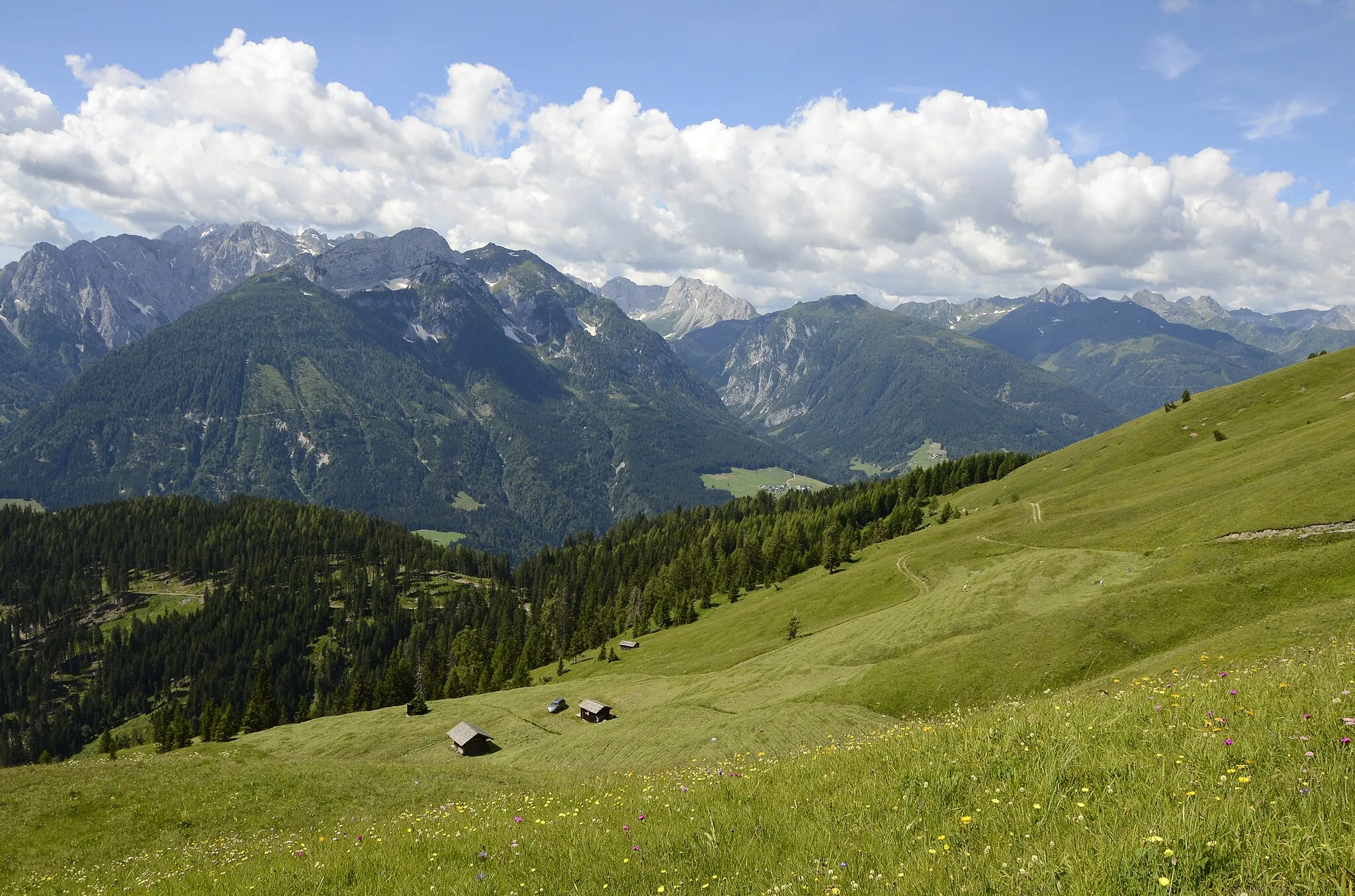 Photo showing: Haymaking on the Mussen alp at Strajach, municipality Kötschach-Mauthen, district Hermagor, Carinthia / Austria / EU