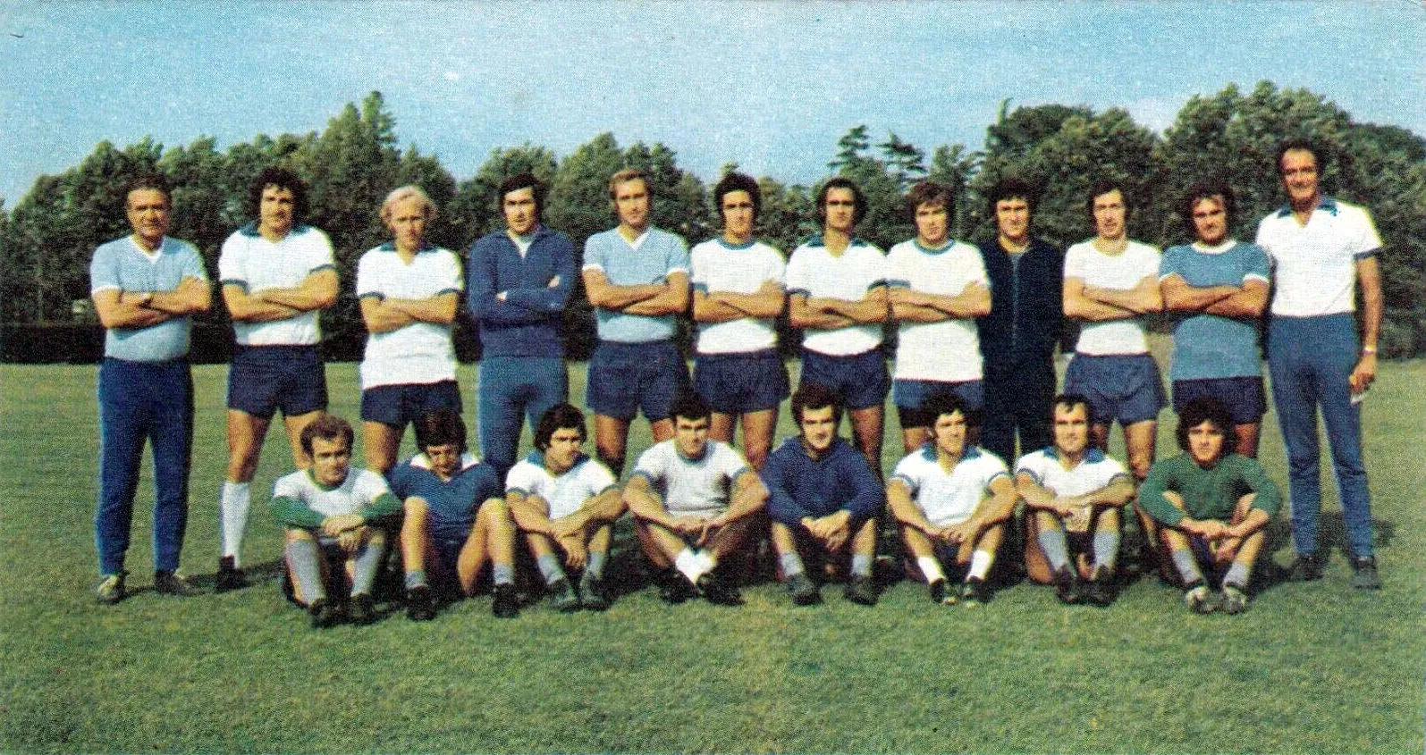 Photo showing: The first-team squad of S.S. Lazio in the 1972–73 season. From left to right, standing: T. Maestrelli (head coach), G. Chinaglia, L. Re Cecconi, F. Pulici, M. Facco, T. Frau (sold in the autumn transfer window), L. Martini, G. Oddi, L. Polentes, G. Wilson (captain), R. Lovati (assistant coach), crouched: F. Mazzola, P. Manservisi, R. Garlaschelli, S. Petrelli, M. Silva (sold in the autumn transfer window), F. Nanni, M. Frustalupi, F. Cinquepalmi.