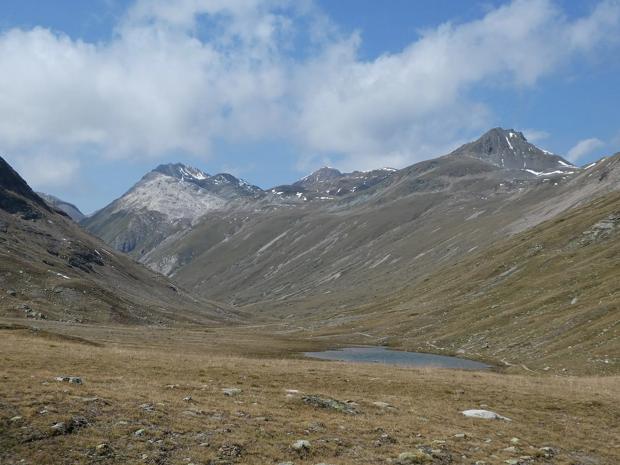 Photo showing: Piz Tschüffer, Piz Pischa, Piz Sagliaint, Piz Languard, Piz Prüna and Piz Chatscheders as seen from La Stretta (Pontresina, Grison, Switzerland / Livigno, Sondrio, Lombardy, Italy)