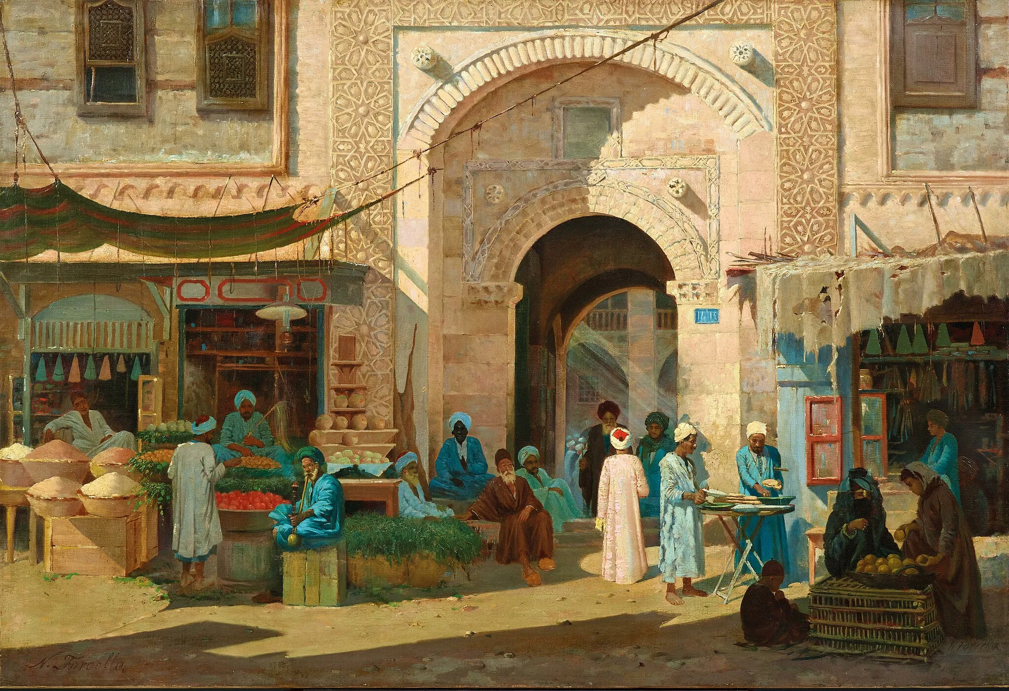 Photo showing: Auf dem Basar, signiert N. Forcella, rückseitig bezeichnet “The Bazaar Bab-el Sharia Cairo March 18, 1892 By N. Forcella Cairo”, Öl auf Leinwand, 68 x 100 cm