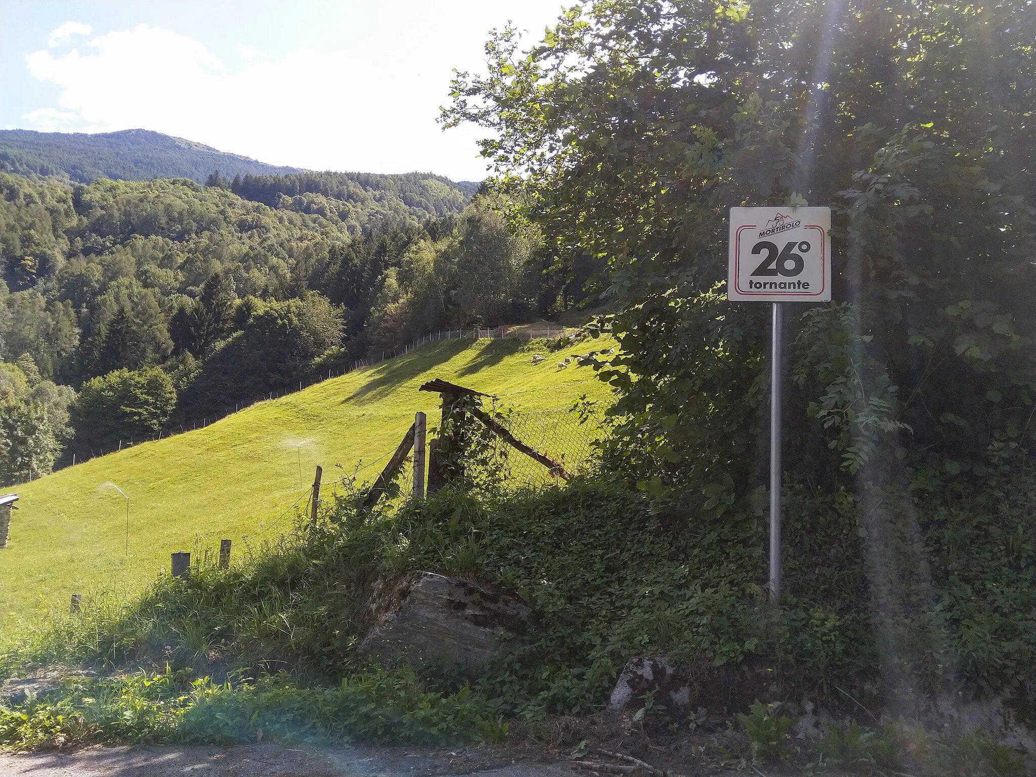 Photo showing: Signpost on the Mortirolo road coming up from the city Mazzo di Valtellina, Sondrio, Italy