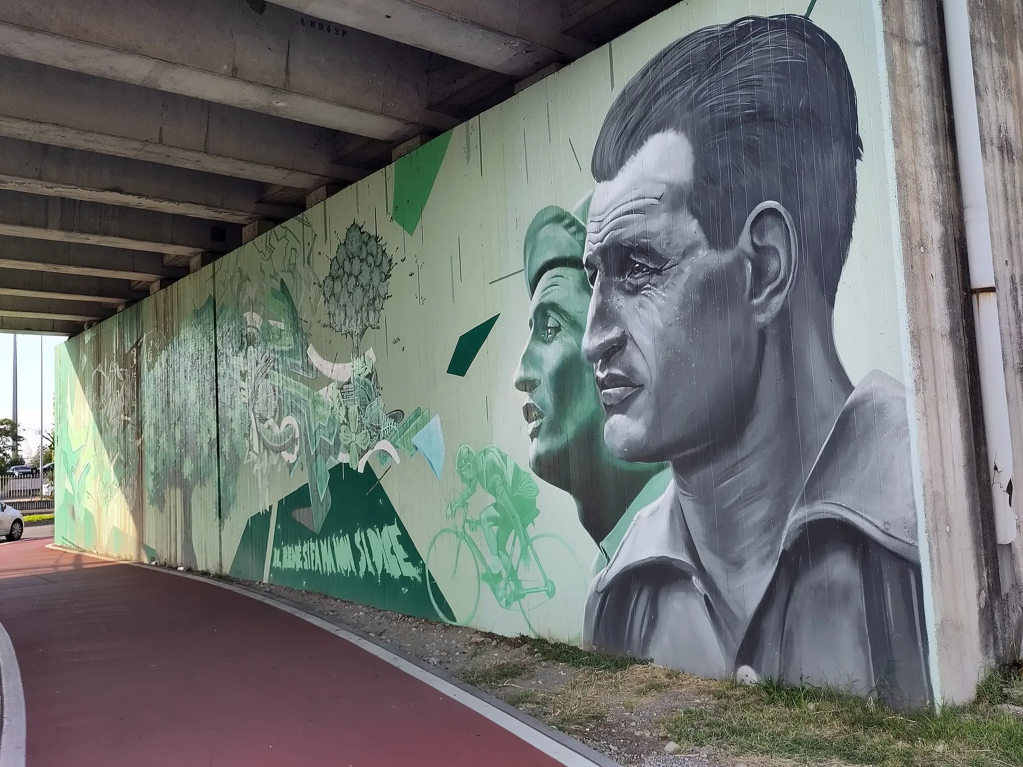 Photo showing: Murales dedicato a Coppi e Bartali sotto il ponte della Strada Statale Paullese a Peschiera Borromeo accanto alla piada ciclabile Gino Bartali