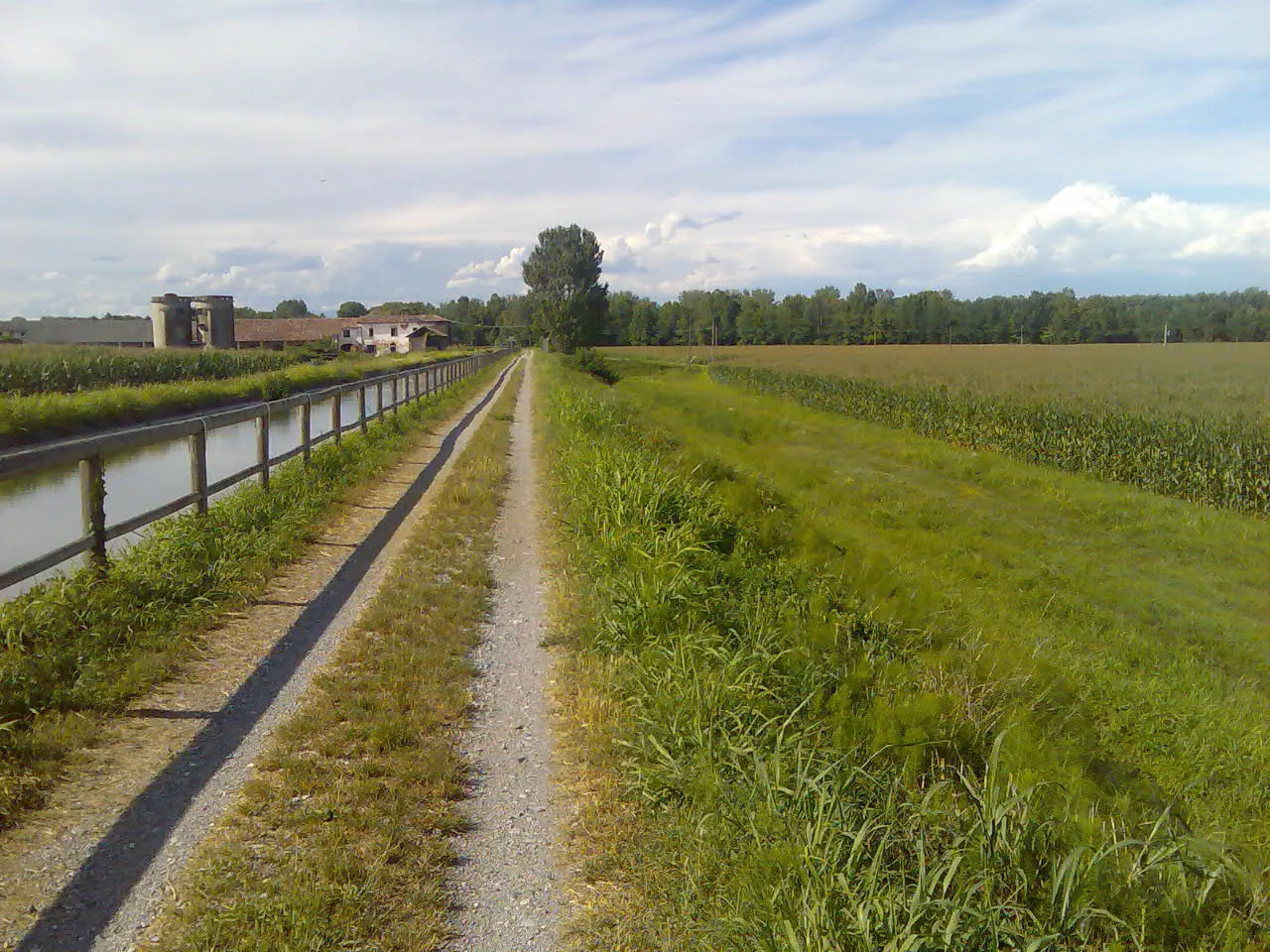 Photo showing: Padan Plain: summery panorama of the country north of Soresina, province of Cremona. The unpaved road at the side of the canal is part of the Ciclabile delle Città Murate cycleway.