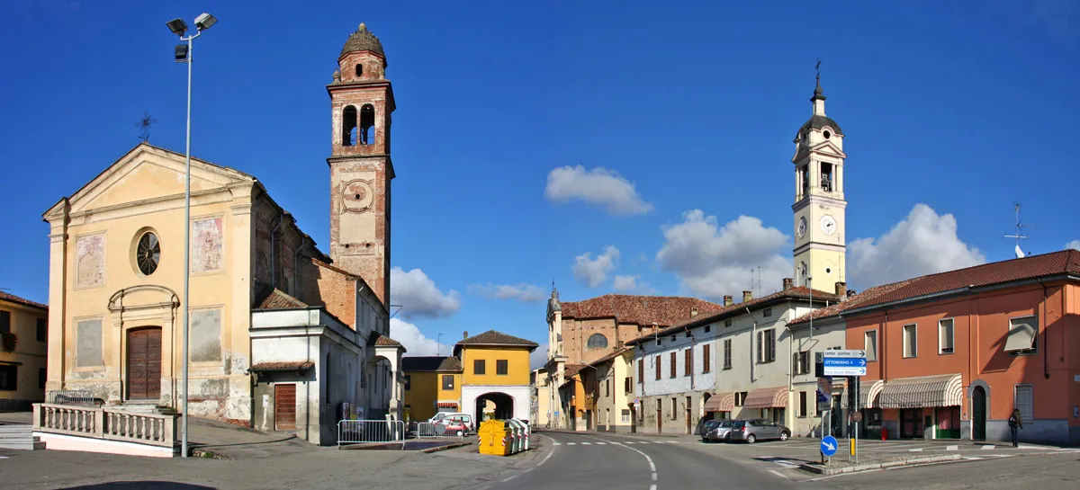 Photo showing: Panoramica di San Giorgio di Lomellina (PV) con la chiesa di San Rocco ed il campanile della parrocchiale