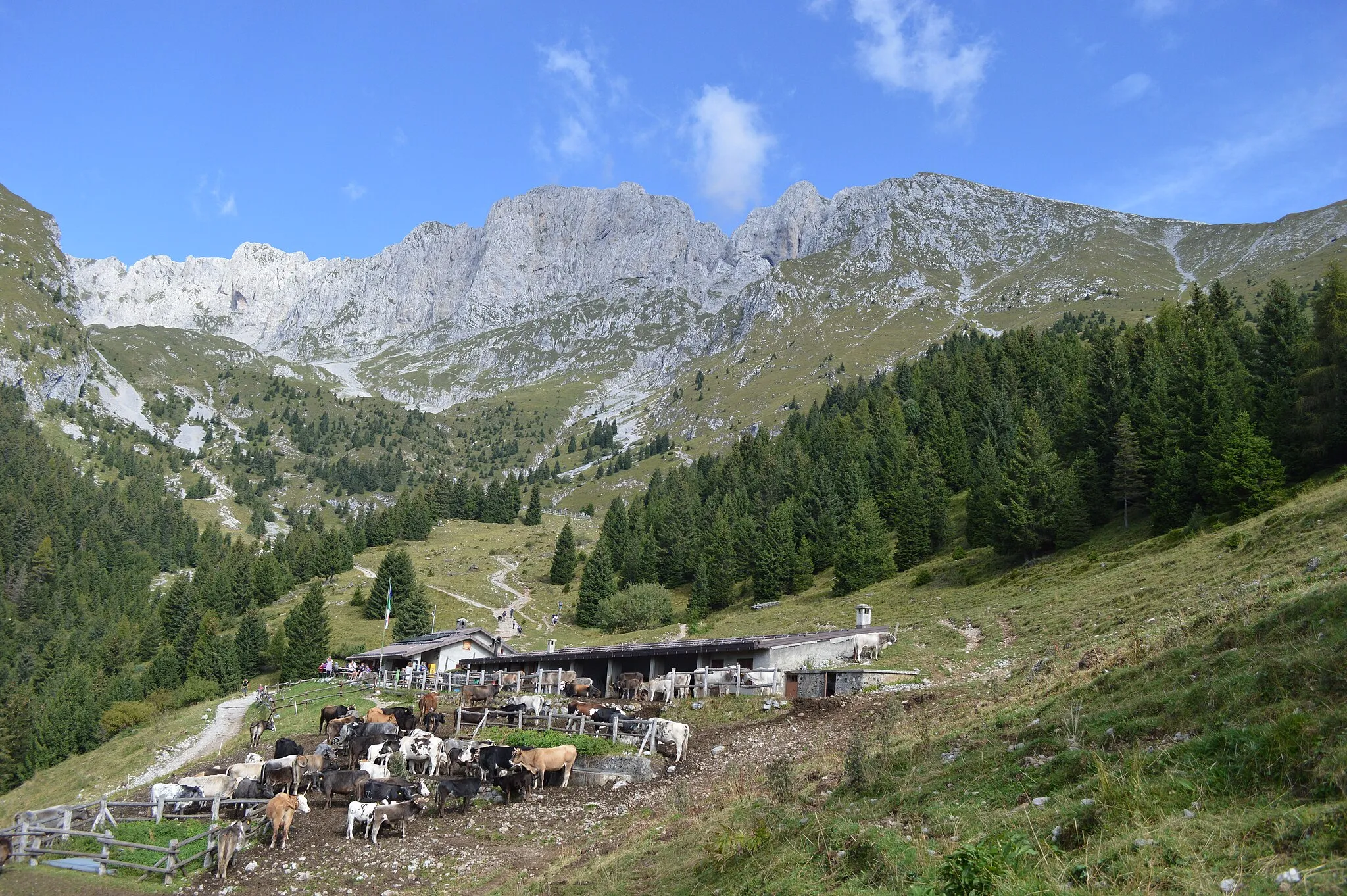 Photo showing: Rifugio di Castione della Presolana con presenza di animali d'allevamento. Sullo sfondo la Presolana