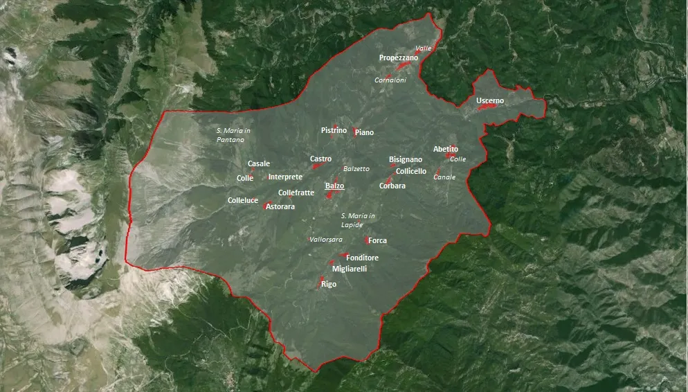 Photo showing: mappa satellitare del comune di Montegallo, AP, con indicate le frazioni che compongono il comune
