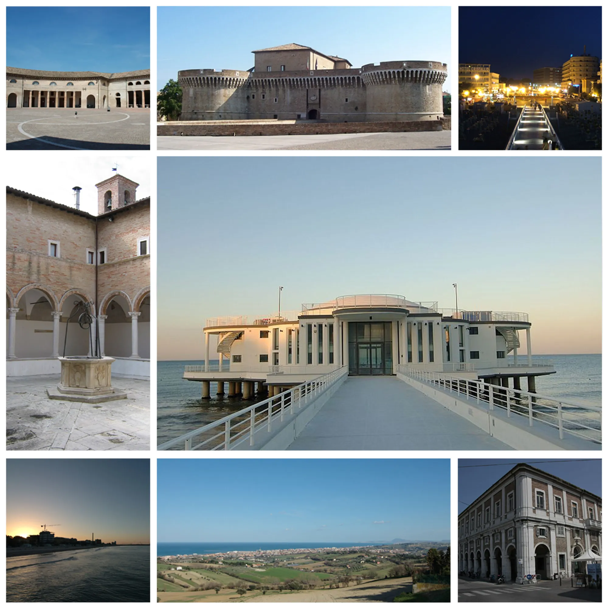 Photo showing: Views of Senigallia. From top left clockwise:
Foro "Annonario"
Rocca "Roveresca", or "Rocca di Senigallia"
Night view of the seaside from the "Rotonda a Mare"
"Rotonda a Mare"
Portici "Ercolani"
View of Senigallia from "Scapezzano", a small town in the hills near Senigallia
Sunset view of the beach
Convento di "Santa Maria delle Grazie"