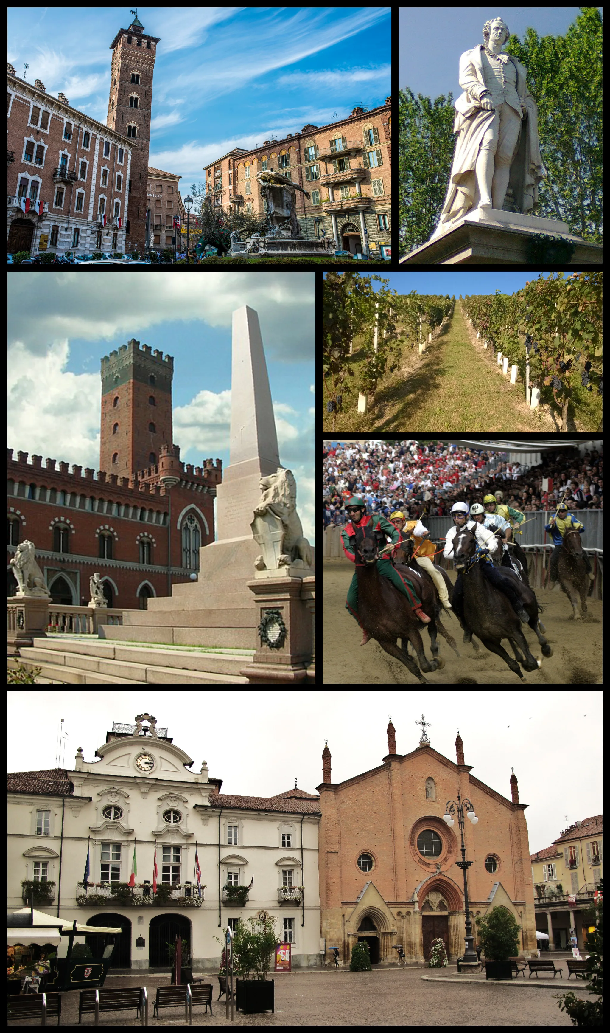 Photo showing: Mosaic of pictures of Asti. From top and left: Piazza Medici (Medici Square) and Troyana Tower; a monument of Vittorio Alfieri in Piazza Alfieri (Alfieri Square); Piazza Roma (Rome Square) and Comentina Tower; vineyards near Asti; the Palio di Asti; town hall and San Secondo church in Piazza San Secondo (San Secondo Square).