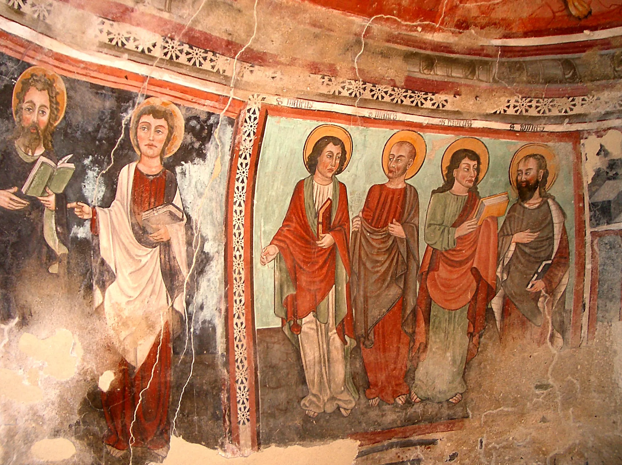 Photo showing: Unknown painter (second half of XV century), Apostles, frescoes in the apse of the church, Pieve di Santa Maria di Vespiolla, Baldissero Canavese (Turin)