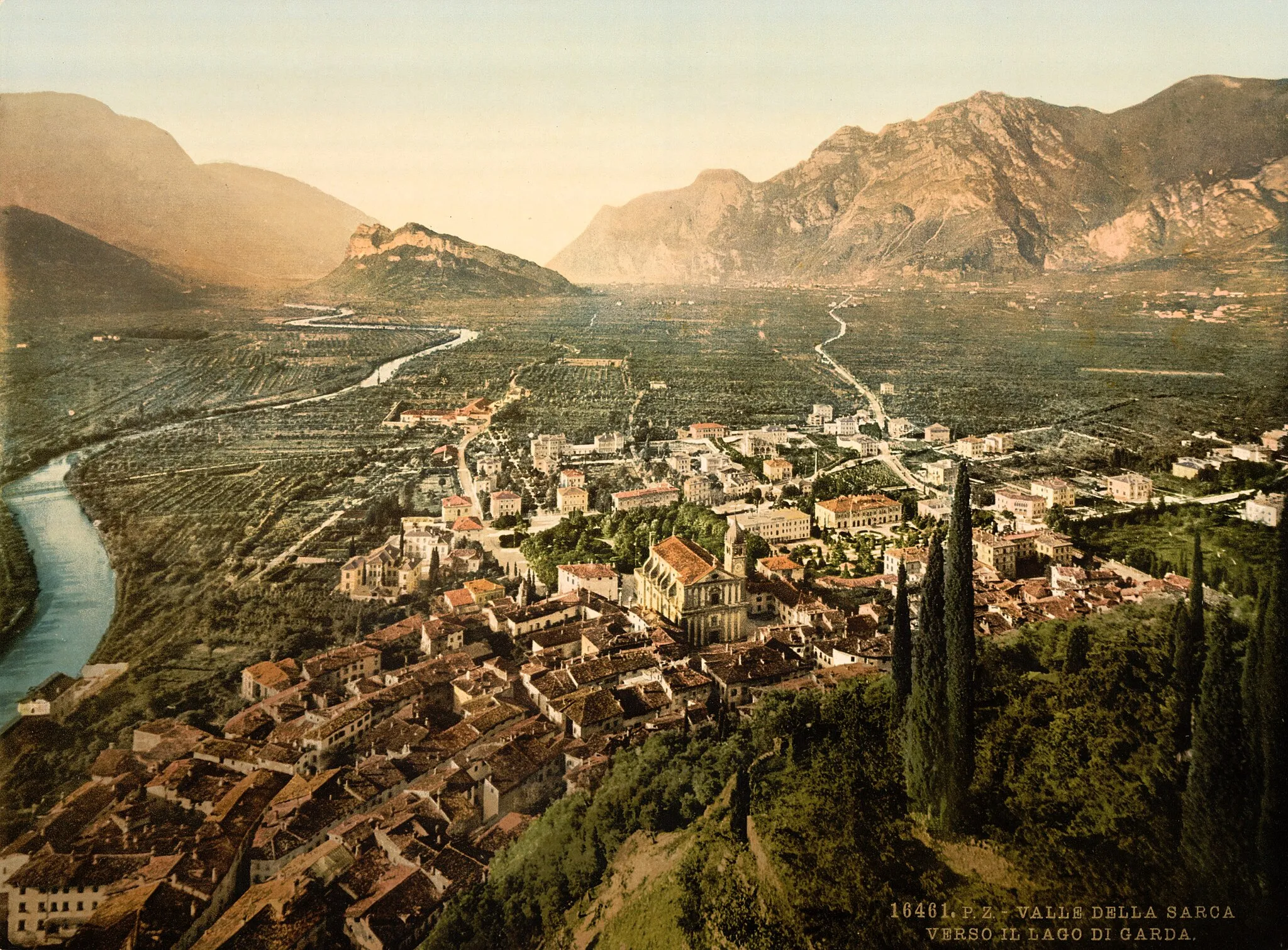 Photo showing: Valley of Sarca, Arco, Lake Garda, Italy. 1 photomechanical print : photochrom, color.