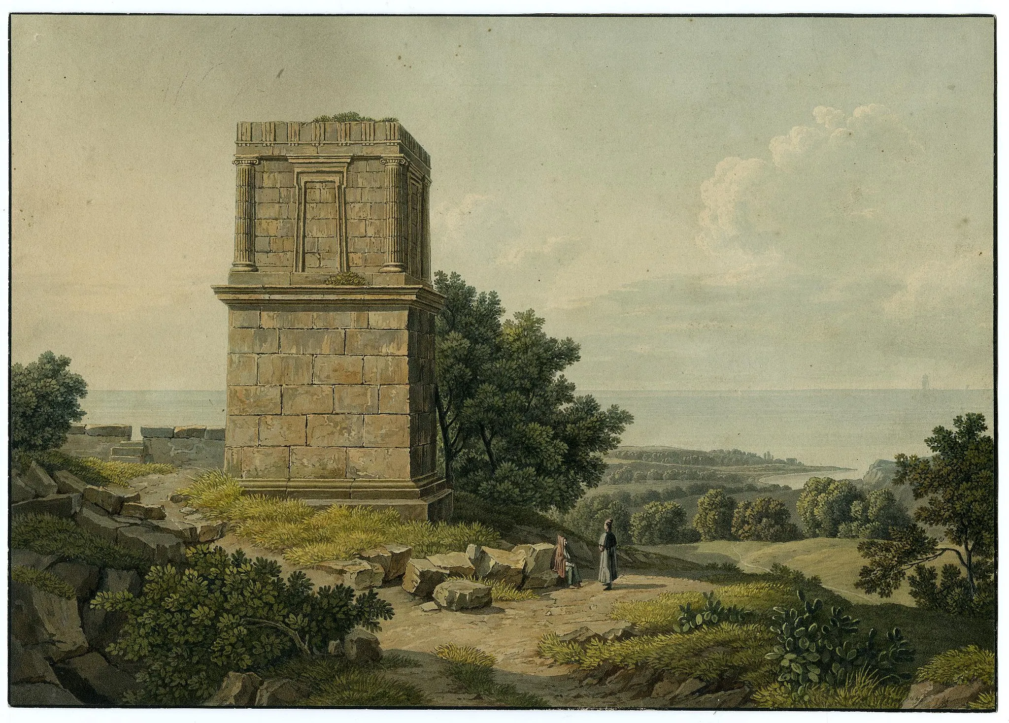 Photo showing: View of Theron's tomb in Agrigento, two figures resting along a road to right.
Aquatint and lithograph